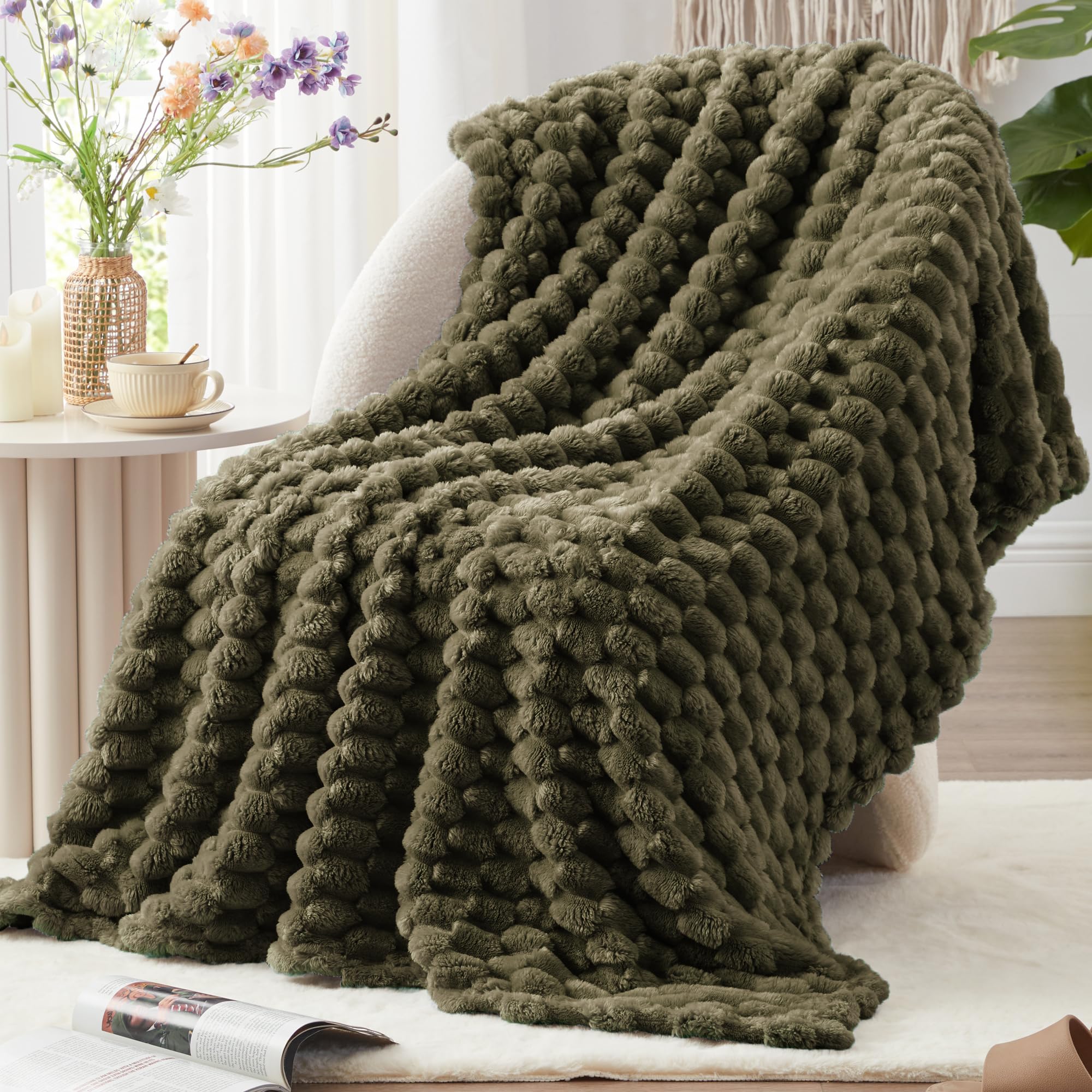 EXQ Home Fleece Throw Blanket for Couch and Bed, 3D Imitation Large Turtle Shell Jacquard Decorative Blankets, Plush Lightweight Fuzzy Flannel Blanket Suitable for All Seasons (50"×60",Dark Green)OEKO-TEX STANDARD 100