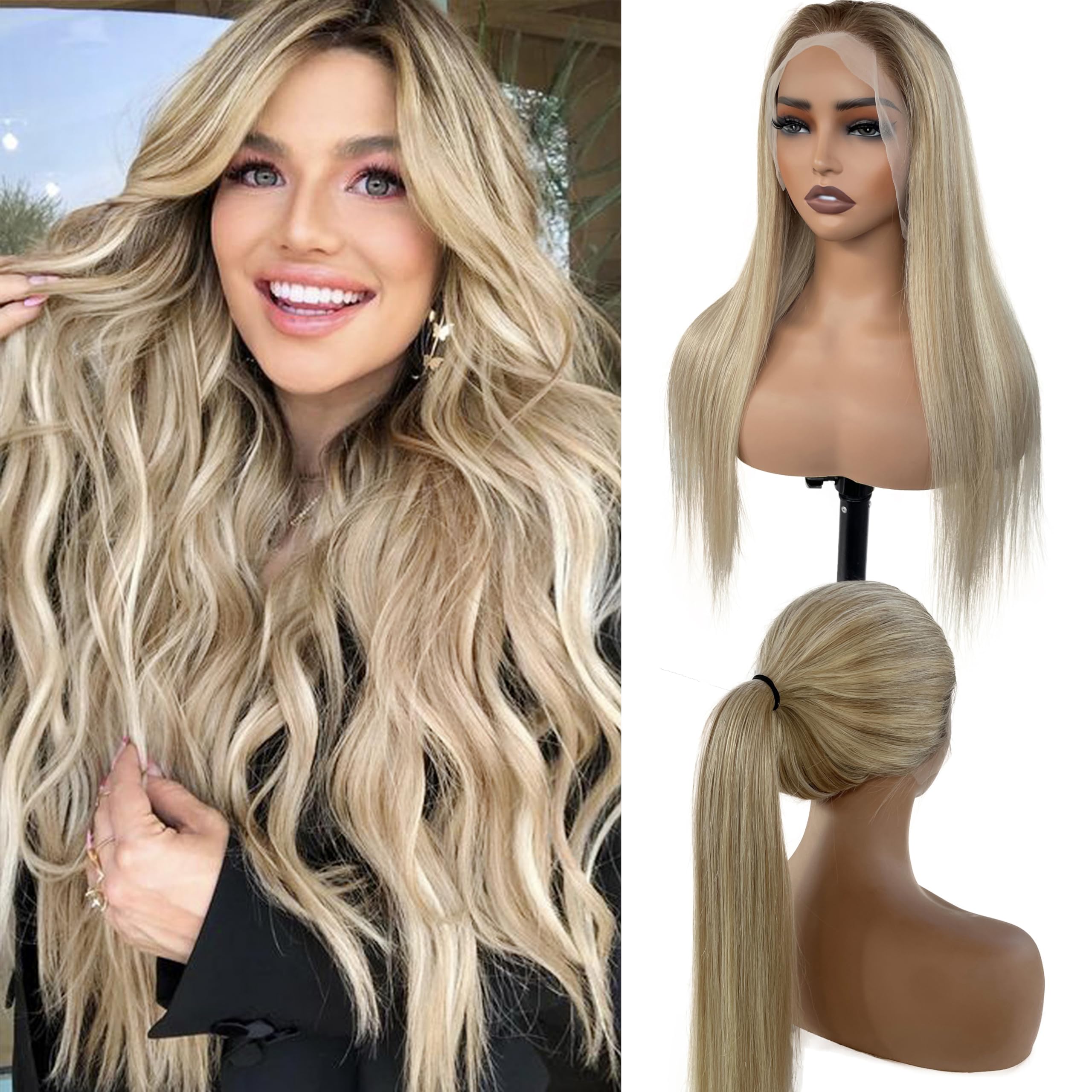 Highlight Ombre Blonde 13x6 Lace Front Wig Human Hair 22 Inch Chocolate Brown to Bleach Blonde Balayage HD Transparent Lace Frontal Wigs Pre Plucked