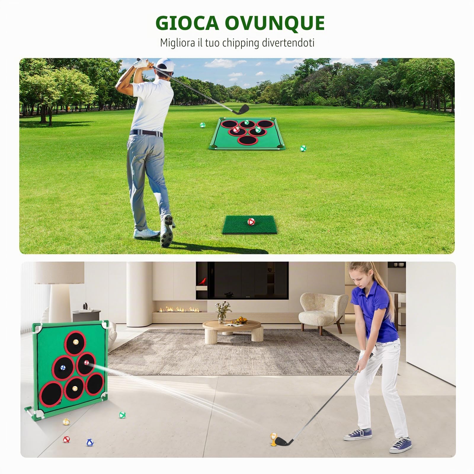 Set da gioco di golf per interni ed esterni, gioco di golf e pong, giocattoli da golf con tappetino da putt, borsa da trasporto, 6 coperture per buche, giochi da festa/da giardino per bambini (set da
