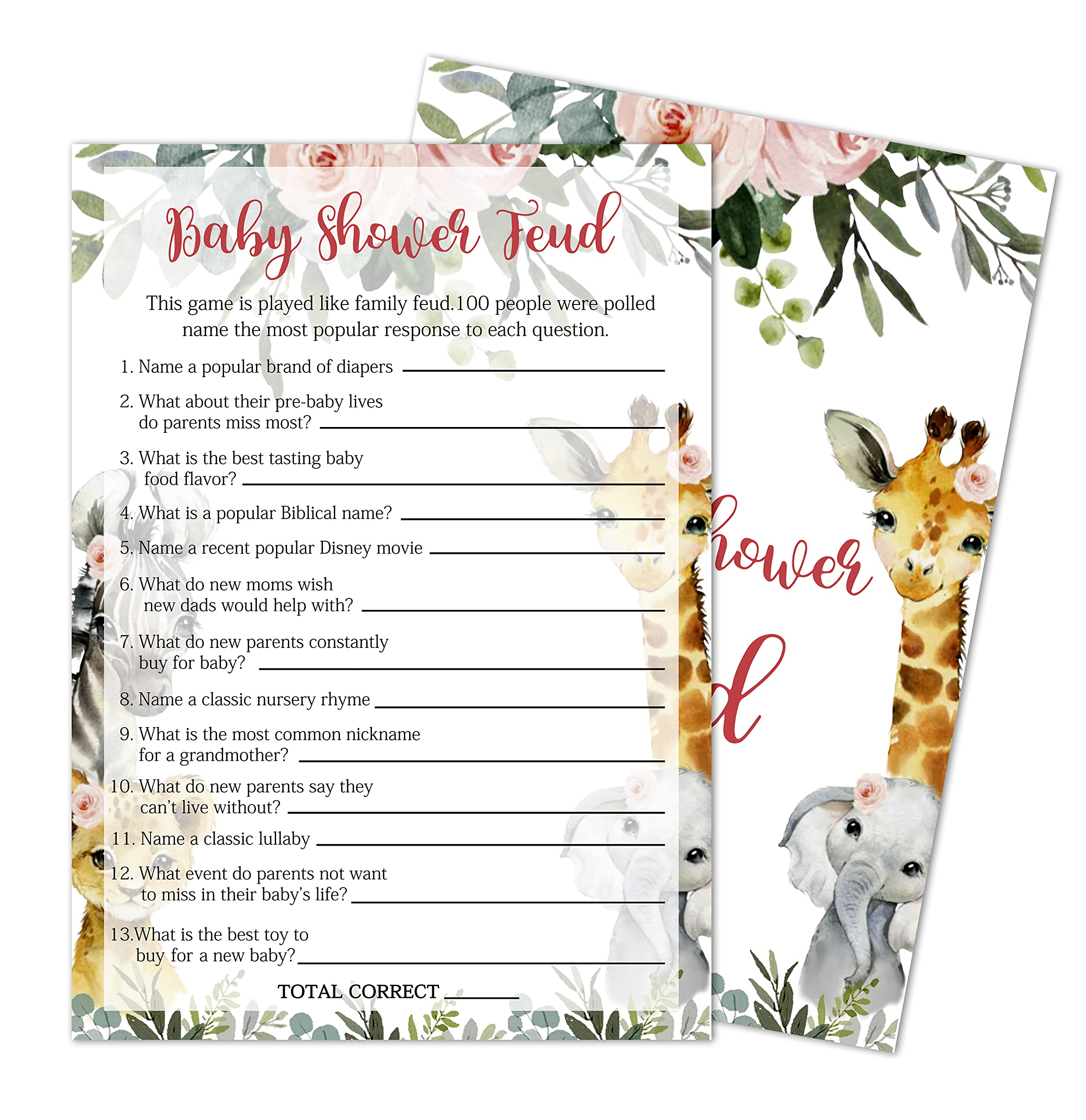 Yuansail Baby Shower Feud Baby Shower Game, Gender Reveal Party Supplies, Jungle Animals Safari Floral Green Party Decorations,– 30 Game Cards 1 Answer Card. (bb002-yx05)