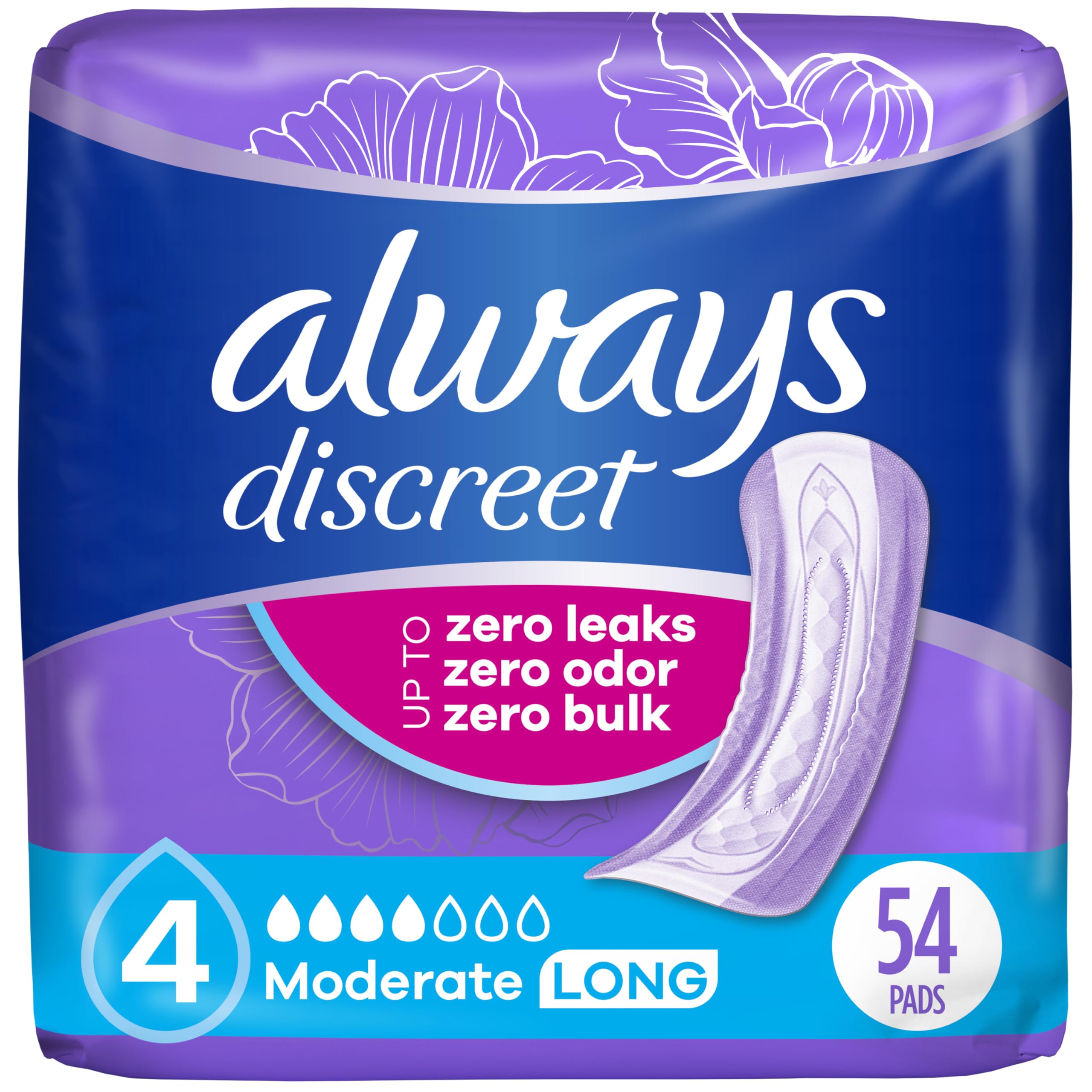 Incontinence & Postpartum Pads For Women, Size 4, Moderate Absorbency, Long Length, 54 Count