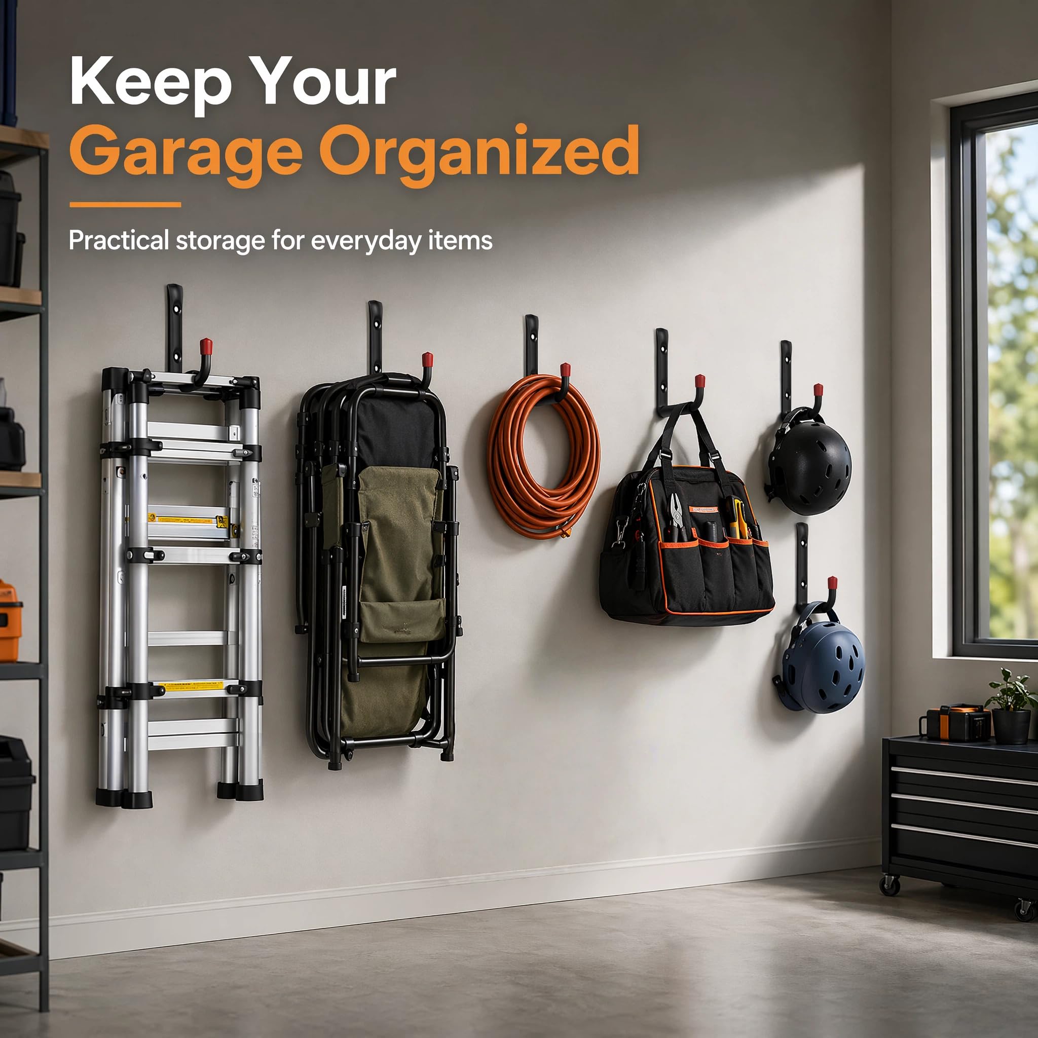 Garagenhaken, robust, Stahlhaken mit EVA-Schaum-Polsterung, 38,1 cm, Wandhalterung, J-Organizer, Aufhänger zum Aufhängen von Fahrrädern, Kajaks, Gartenwerkzeugen, Schlauchen, Fahrradregalen, 6