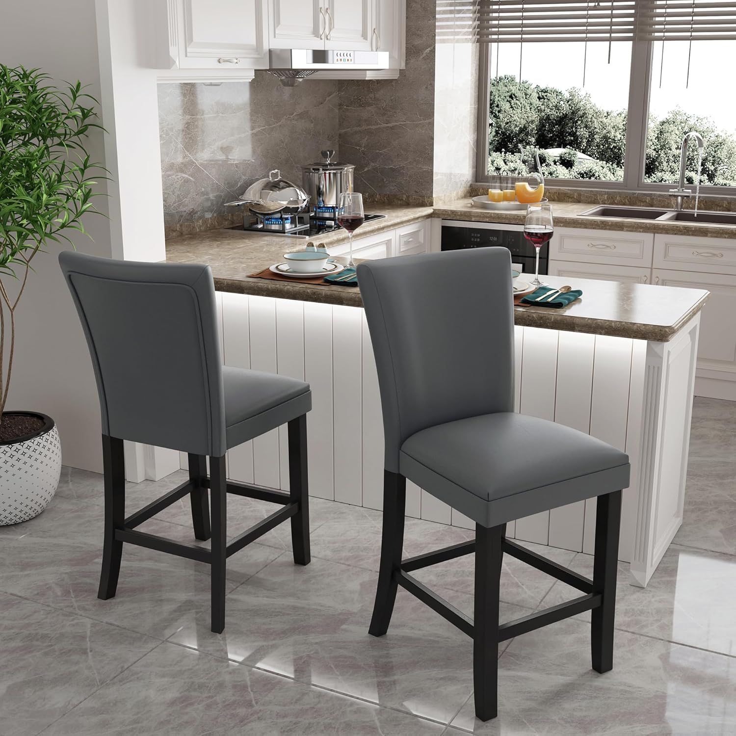 LEEMTORIG Counter Bar Stools Set of 2, 24 inch Seat Height Faux Leather Kitchen Barstools with High Backrest, Armless Upholstered Bar Chairs with Solid Wood Footrest Legs, Mid Grey ZBY-1331-GY