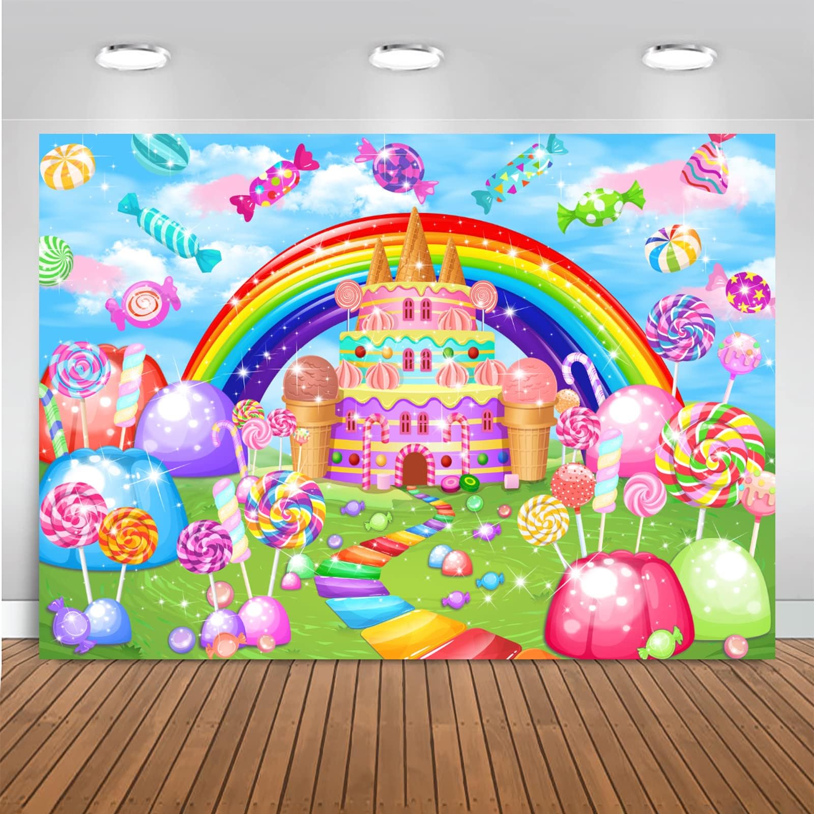 Mocsicka Sweet Candyland Backdrop Lollipop Sweetest Candy Theme Birthday Party Decoration for Girl Candy Ice Cream Castle Rainbow Party Banner