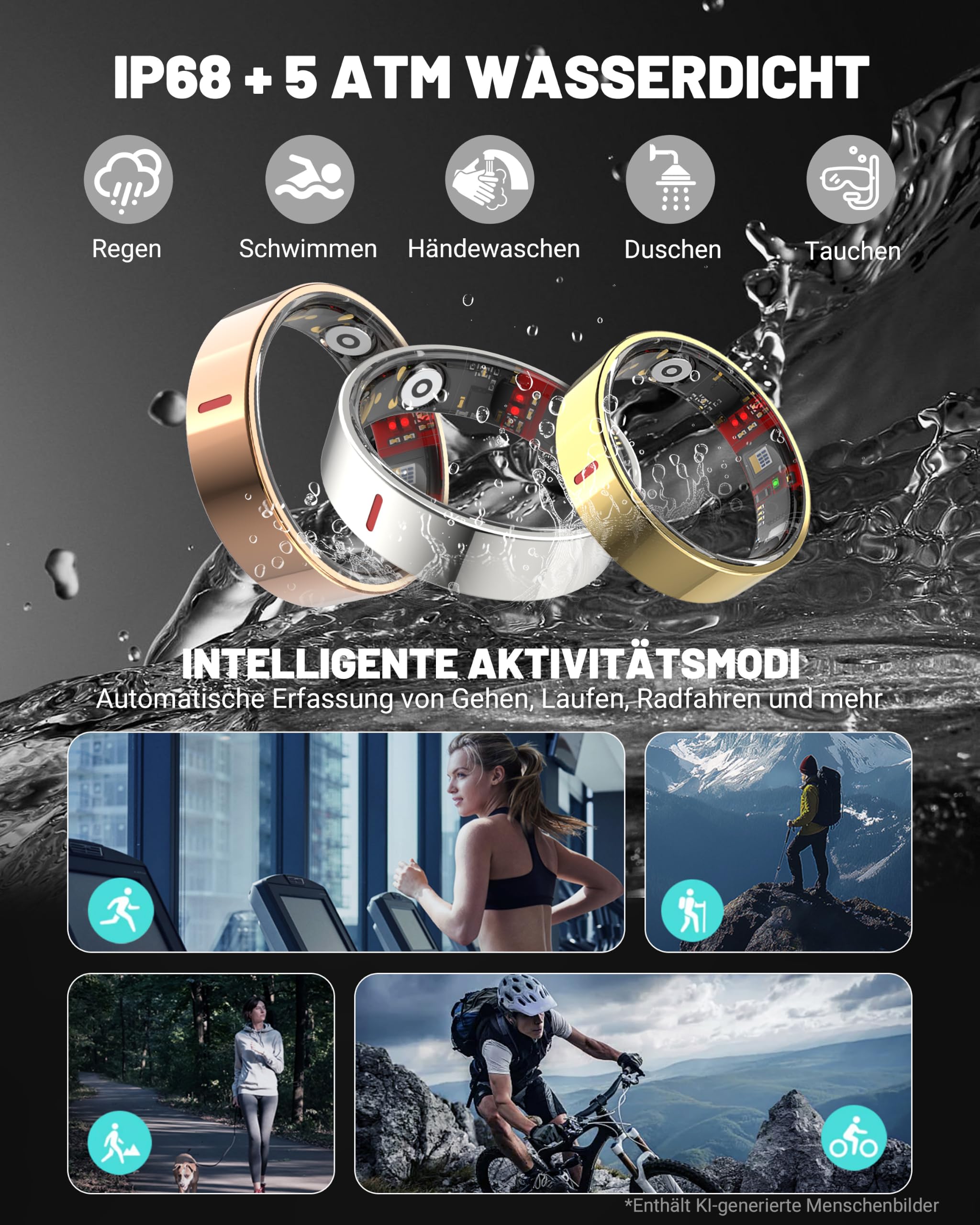Smart-Ring mit Ladehülle, Fitness-Ring, Gesundheitsmonitor Schlaf-Herzfrequenz- & Blutsauerstoffmonitor 5ATM+IP68 wasserdicht Ohne Abo 4-7 Tage Akkulaufzeit iOS & Android kompatibel für Männer Frauen