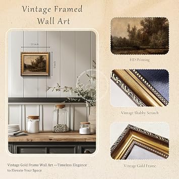 uniro Vintage Gold Framed Wall Art, Farmhouse Wall Decor Dark Moody Fall Canvas Art Prints Painting, Rustic Landscape Wall Art Picture, Antique Country Wall Decor for Living Room, Bedroom, Bathroom, Office, Vintage Home Decor - 9x12Inch