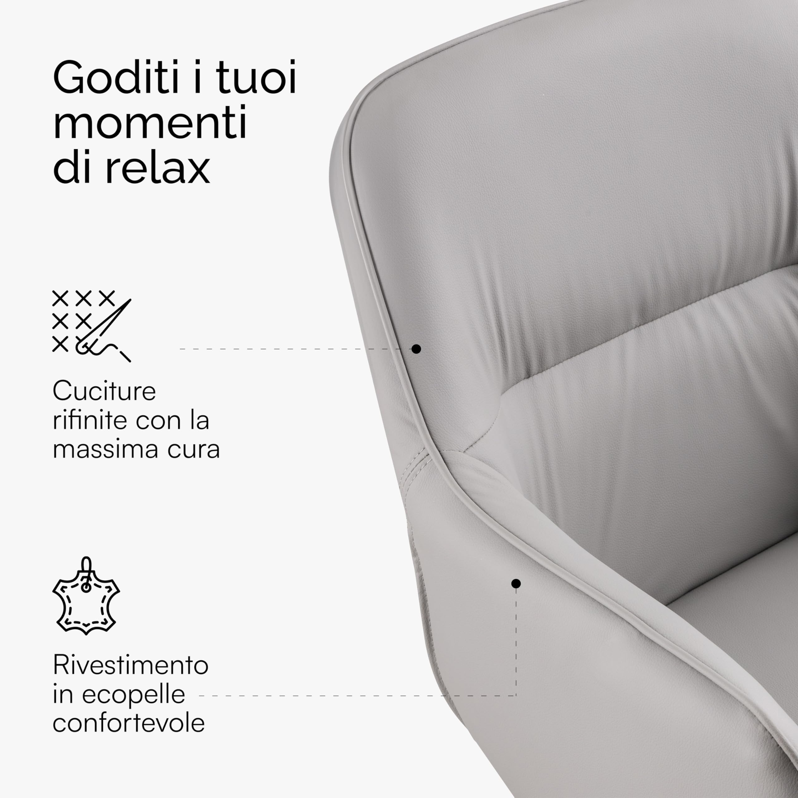 Baroni Home Poltrona Moderna con Braccioli e Rivestimento in Ecopelle e Gambe in Acciaio Oro, Seduta da Soggiorno, Camera da Letto, Angolo Lettura, Grigio, 55x84x47 cm