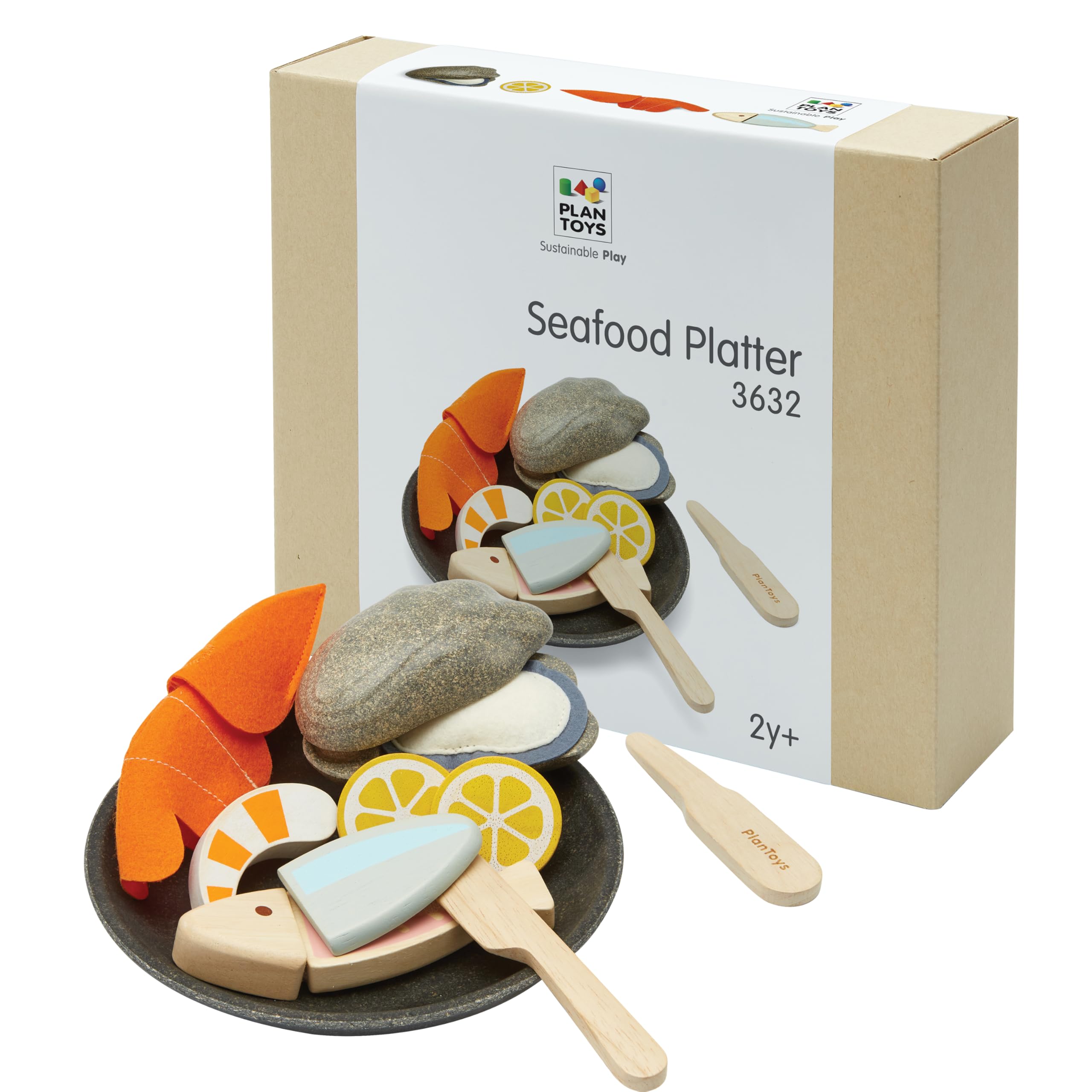 PlanToys® Wooden Pretend Play Seafood Platter Food Toy for Kids | Includes Fish, Prawn, Oyster, Knives & More | Montessori Role Play Kitchen Toy for Imaginative Learning