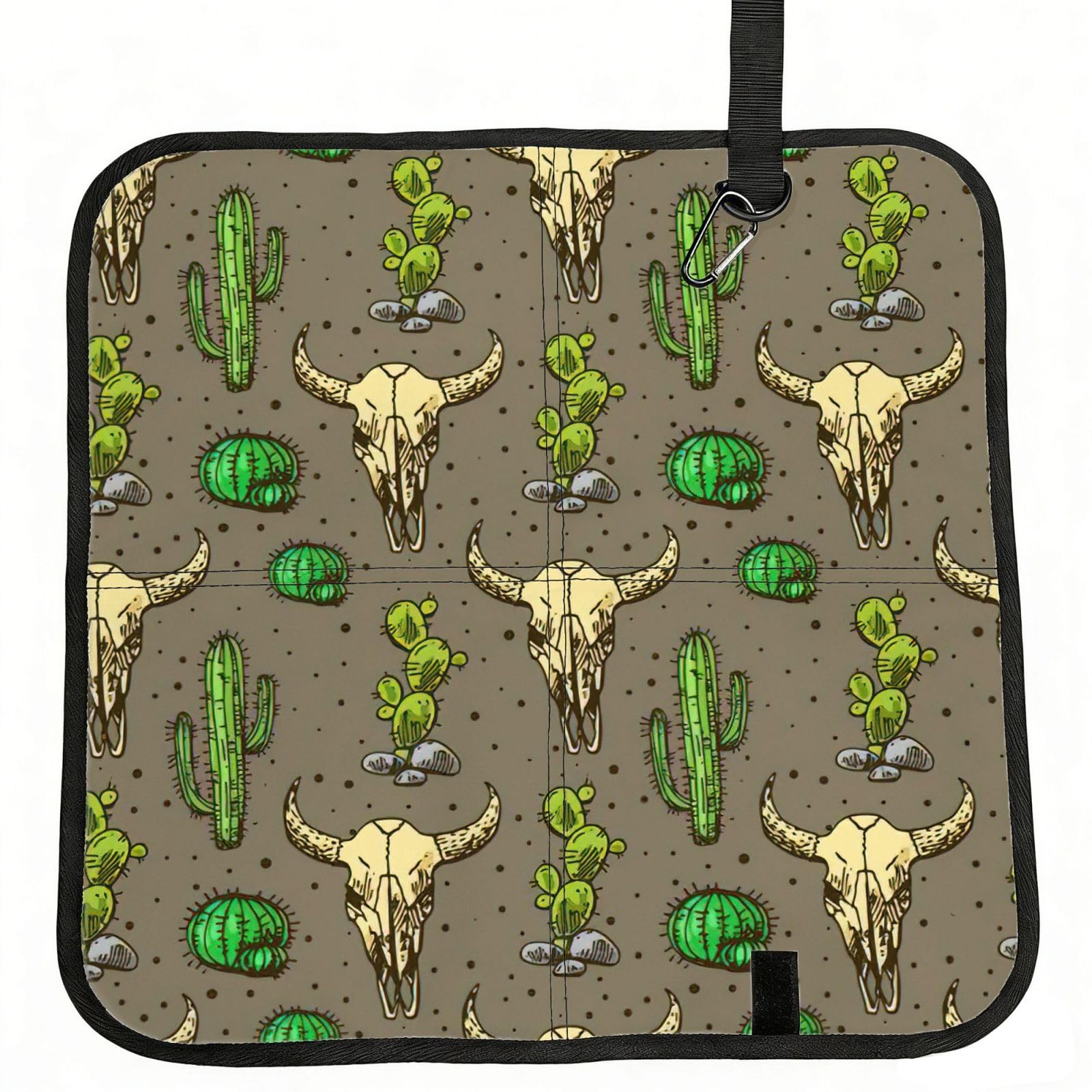 SDEGTHO Skull of Bull and Cute Cactus Printed Foldable Seat Pad with Closure, Lightweight Cushion for Airplane Travel Camping