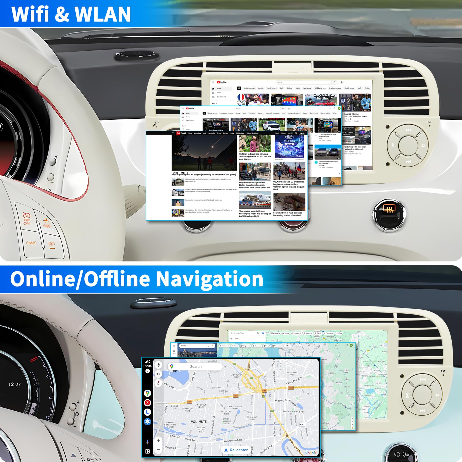 Radio de Coche para FIAT 500 2007-2015, Sistema Android 12, 2G 64G con GPS, Navi, CarPlay, Android Auto, Pantalla táctil IPS de 7 Pulgadas, WiFi, Bluetooth, FM
