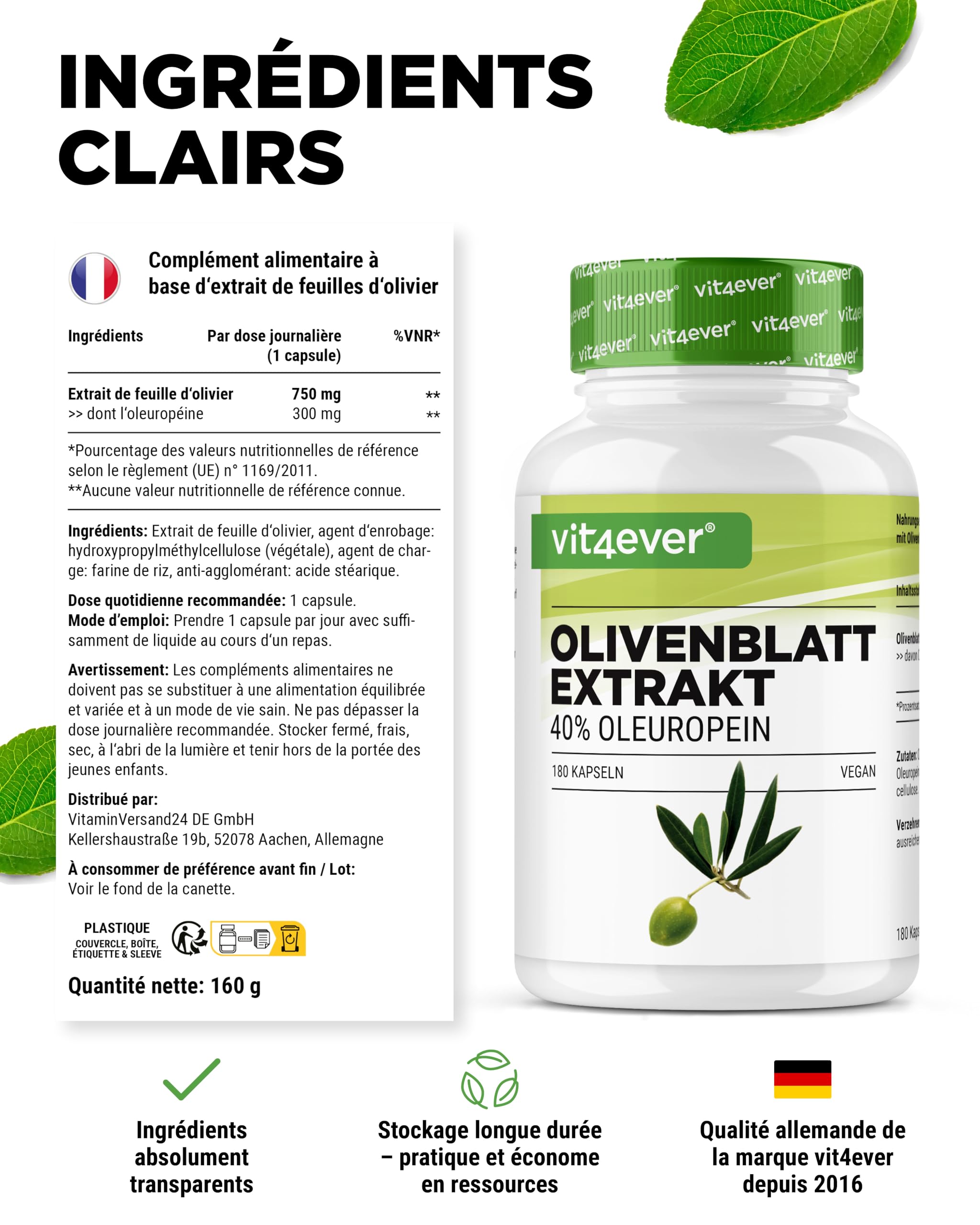 vit4ever Extrait de Feuilles d'Olivier - 180 capsules de 750 mg chacune - Extrait de Feuilles d'Olivier avec 40% d'Oleuropéine = 300 mg - Fortement Dosé - Vegan