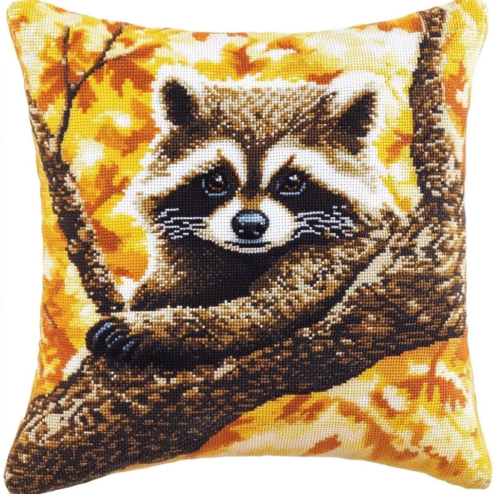 WallustrioaW 11CT Cross Stitch Pillow Kit,Cute Raccoon Cushion Embroidery Kit Cross Stitch Cushion Cover pre Printed Handmade Cover 18x18in