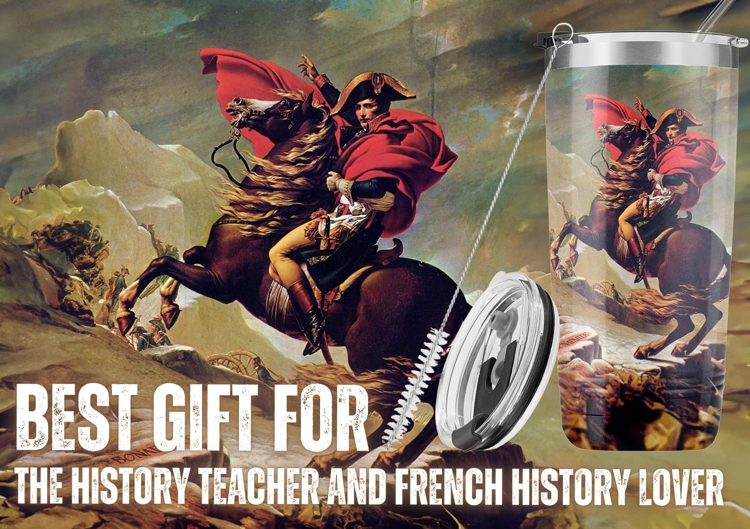 Onebttl History Teacher Christmas Gifts for Men, Napoleon Bonaparte Gifts for French History Lover, 20oz Stainless Steel Insulated Tumbler with Straw, Lid