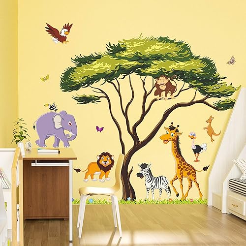 Miniatura 6 de RW-1074 - Calcomanías de pared de animales de la selva de dibujos animados 3D calcomanías de pared de árbol verde grande calcomanías extraíbles de