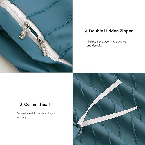 Miniatura 6 de JELLYMONI - Juego de funda de edredón de microfibra estilo capitoné tamaño king color azul grisáceo de 3 piezas, textura capitoné a rayas bohemias