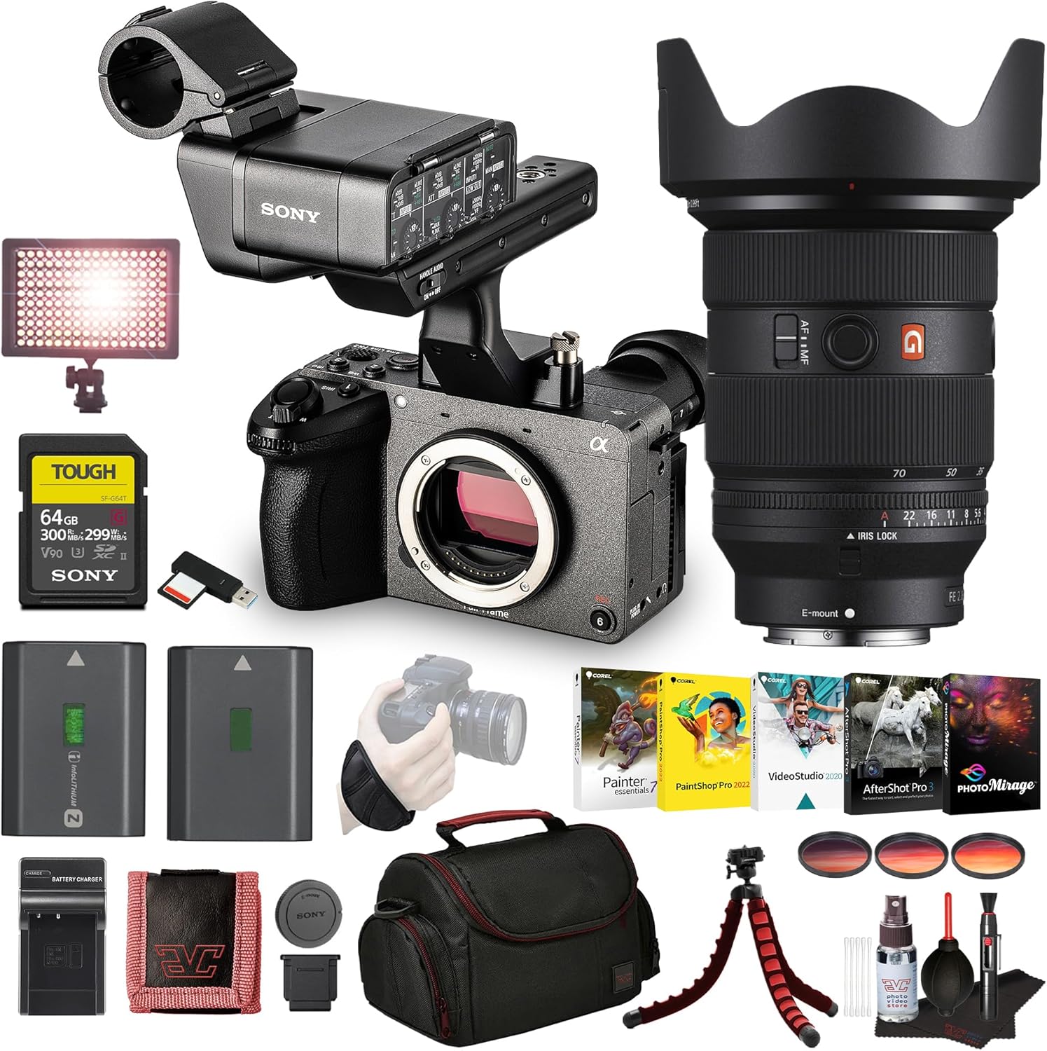 Sony FX2 Cinema Camera Kit w/XLR Handle – Dual XLR Audio, Full-Frame 4K (ILME-FX2) + Sony FE 24-70mm GM II Lens + 64GB Memory Card + NP-FZ100 Battery + Lens Filter Kit + Photography Software + More