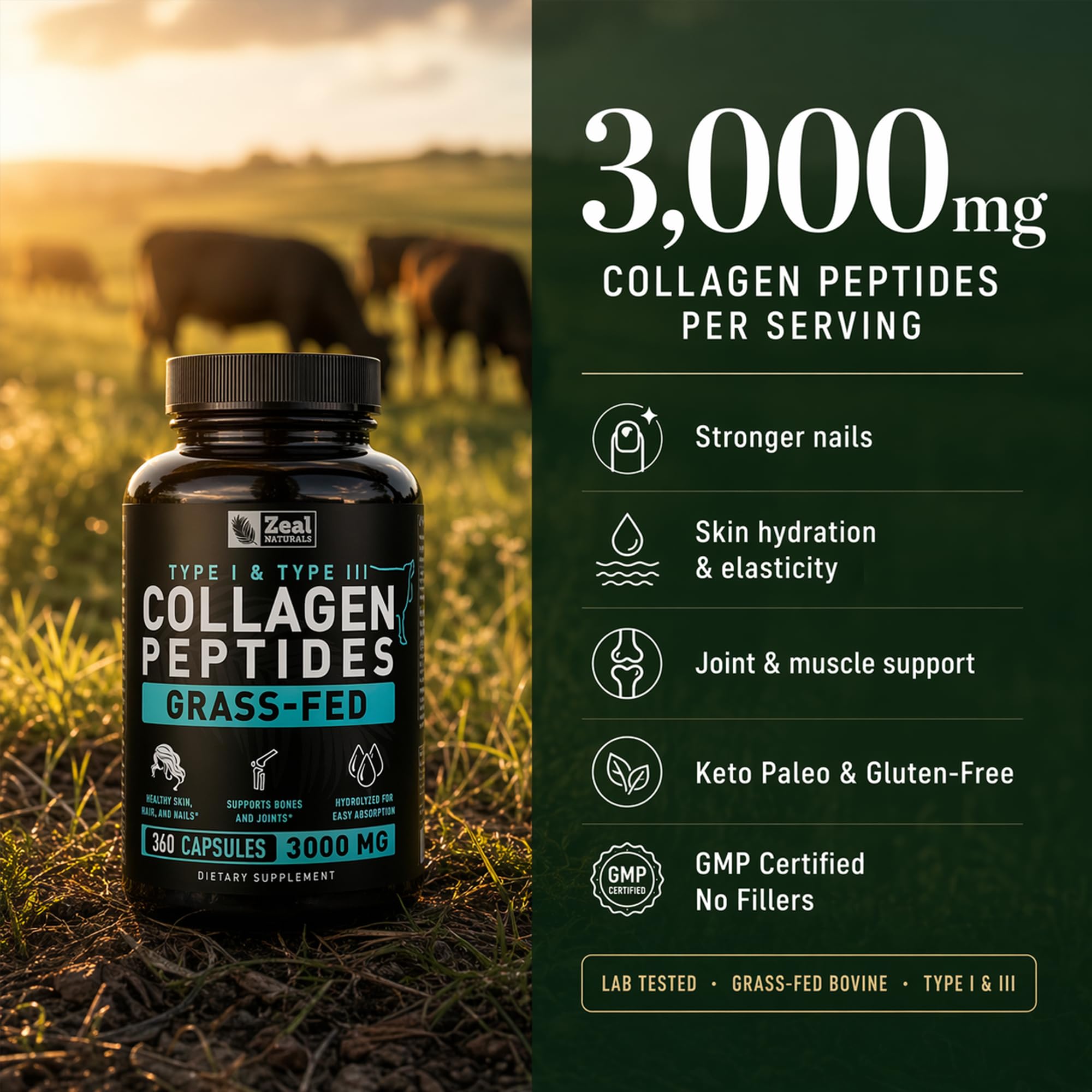 Collagen Peptides Capsules 360 Count - Grass Fed Bovine Hydrolyzed Collagen Pills - Hair, Skin & Nails, Joint Support - Collagen Supplements for Women & Men — Amazon image 3