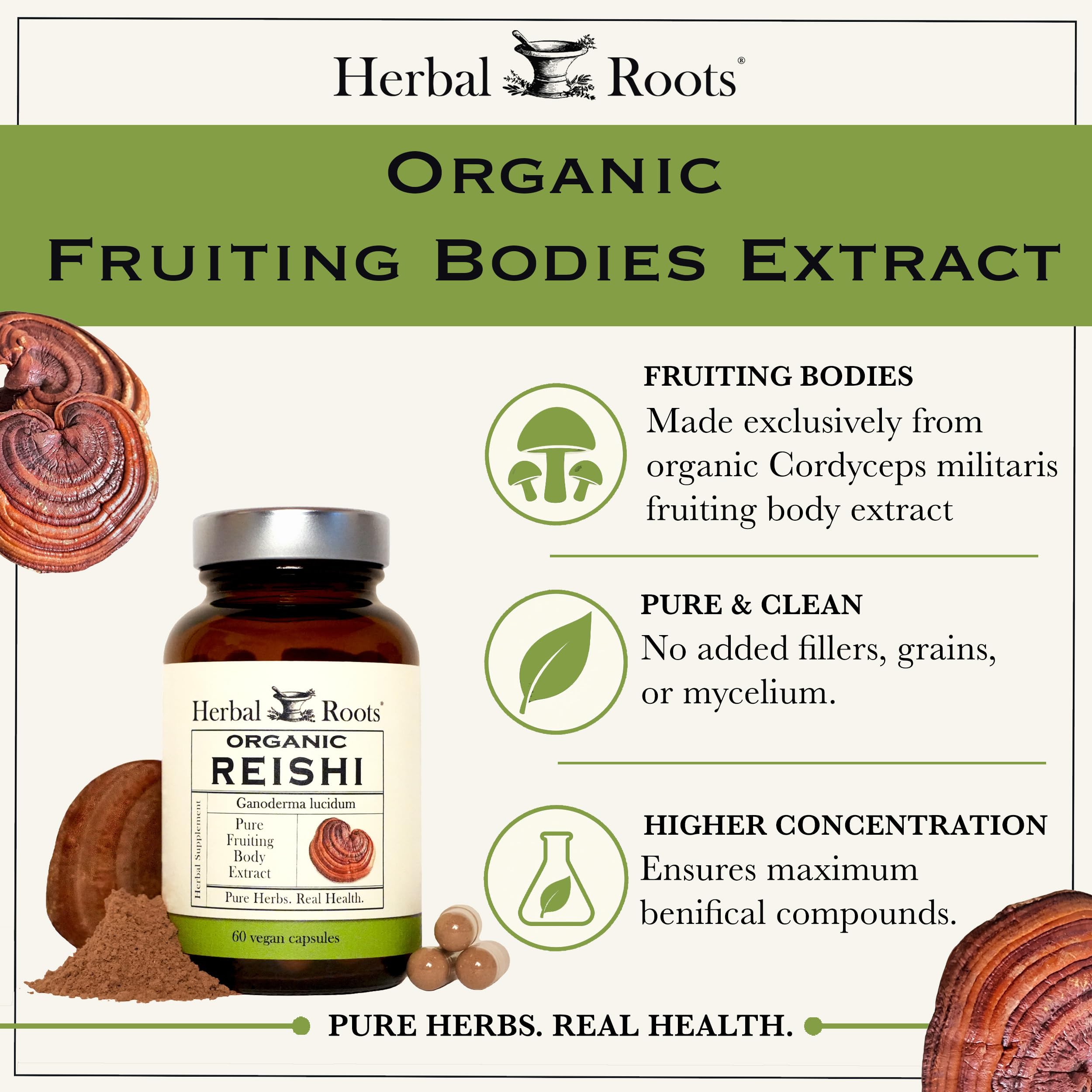 Herbal Roots Organic Reishi Mushroom Capsules - Made with Pure Fruiting Bodies - USDA Certified Organic - Supports Vitality & Cognitive Function - 60 Vegan Capsules — Amazon image 4