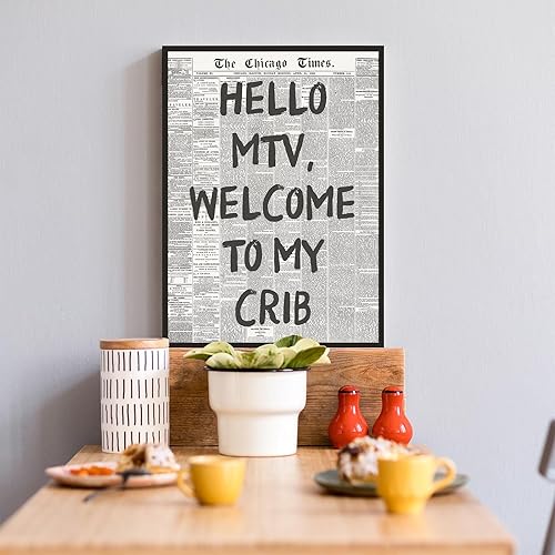 Miniatura 4 de Pósteres de lienzo retro de periódico en blanco y negro Hello Mtv Welcome To My Crib Arte de pared inspirador positivo de afirmación positiva de los