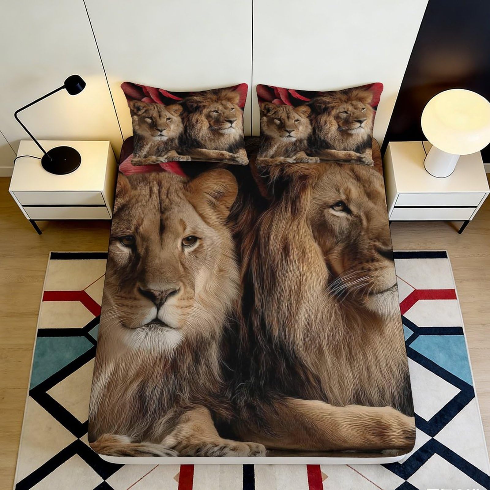 3D Printed Lion Couple Fitted Sheet Microfiber Soft Animal Bed Cover for Bedroom Dorm Mattress Protection Decor 90x200x25cm