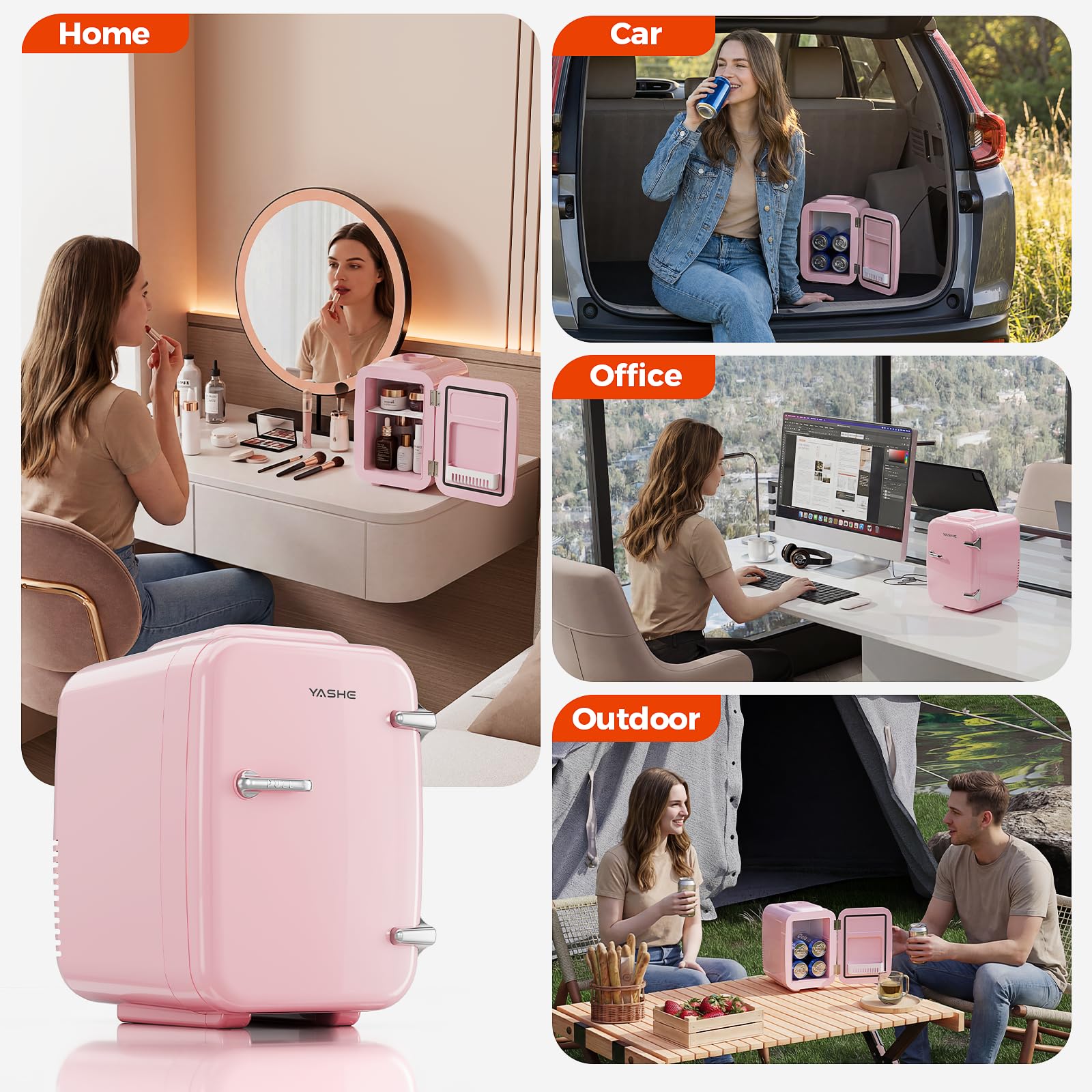 YASHE Mini Fridge, 4 Liter/6 Cans Portable Cooler and Warmer, AC/DC Power Small Fridge, Quiet Desk Skincare Fridge for Beauty Drinks Medicine, Mini Fridge for Bedrooms Office Dorm Car Travel, Pink — view 9