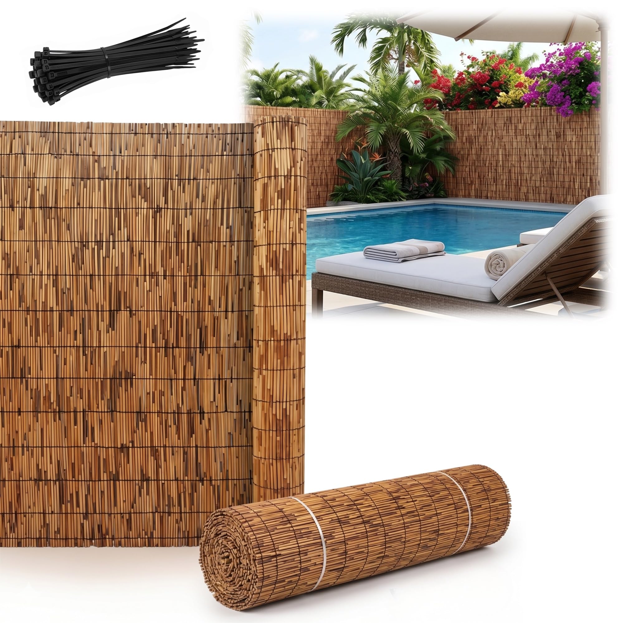 Arellas Bamboo da Recinzione Esterno con Fascette Stuoia in Canna Cannette Naturale 120/130/150/180 cm Canniccio Ombreggiante Privacy per Giardino Terrazzo Balcone Piscina Gazebo(Marrone,H150xL200cm)