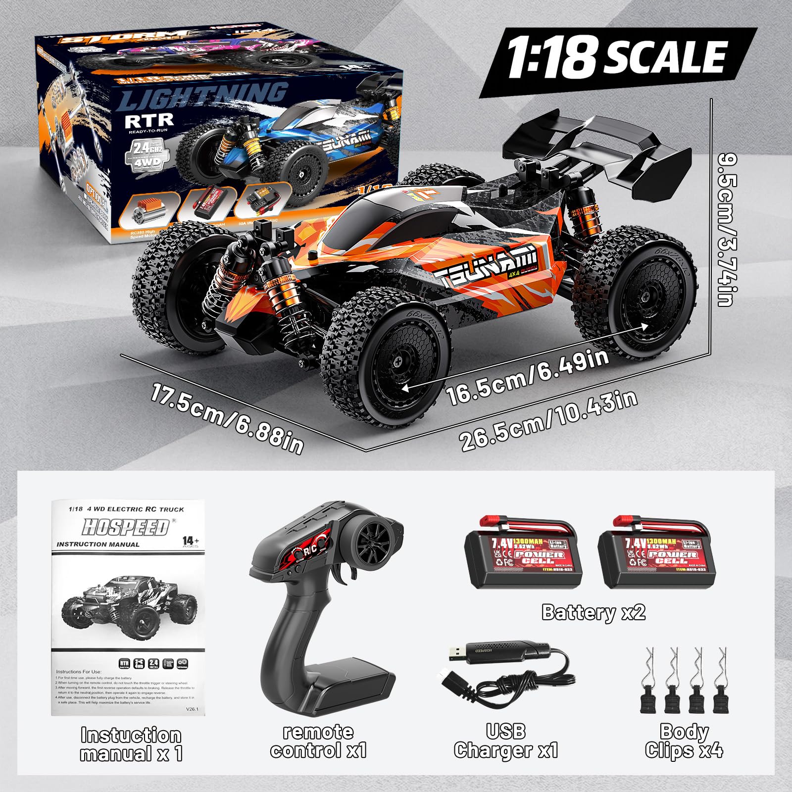 Macchina Telecomandata Professionale 1:18 per Adulti e Ragazzi 8+, Fuoristrada 4x4 fino a 36 km/h, 2,4GHz Proporzionale, Trasmissione in Metallo, 2 Batterie 7,4V 1300mAh, Anti-Spruzzo, Regalo Outdoor