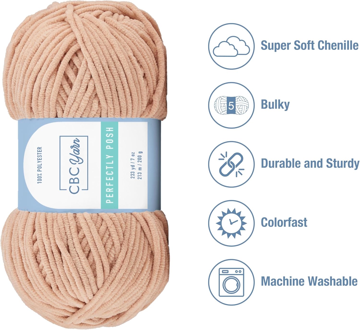 CBC Perfectly Posh Chenille Yarn for Knitting, Crocheting and Amigurumi - 2 Pack (7 oz / 200g, 233 Yards Each Skein), Khaki, Gauge 5 Bulky
