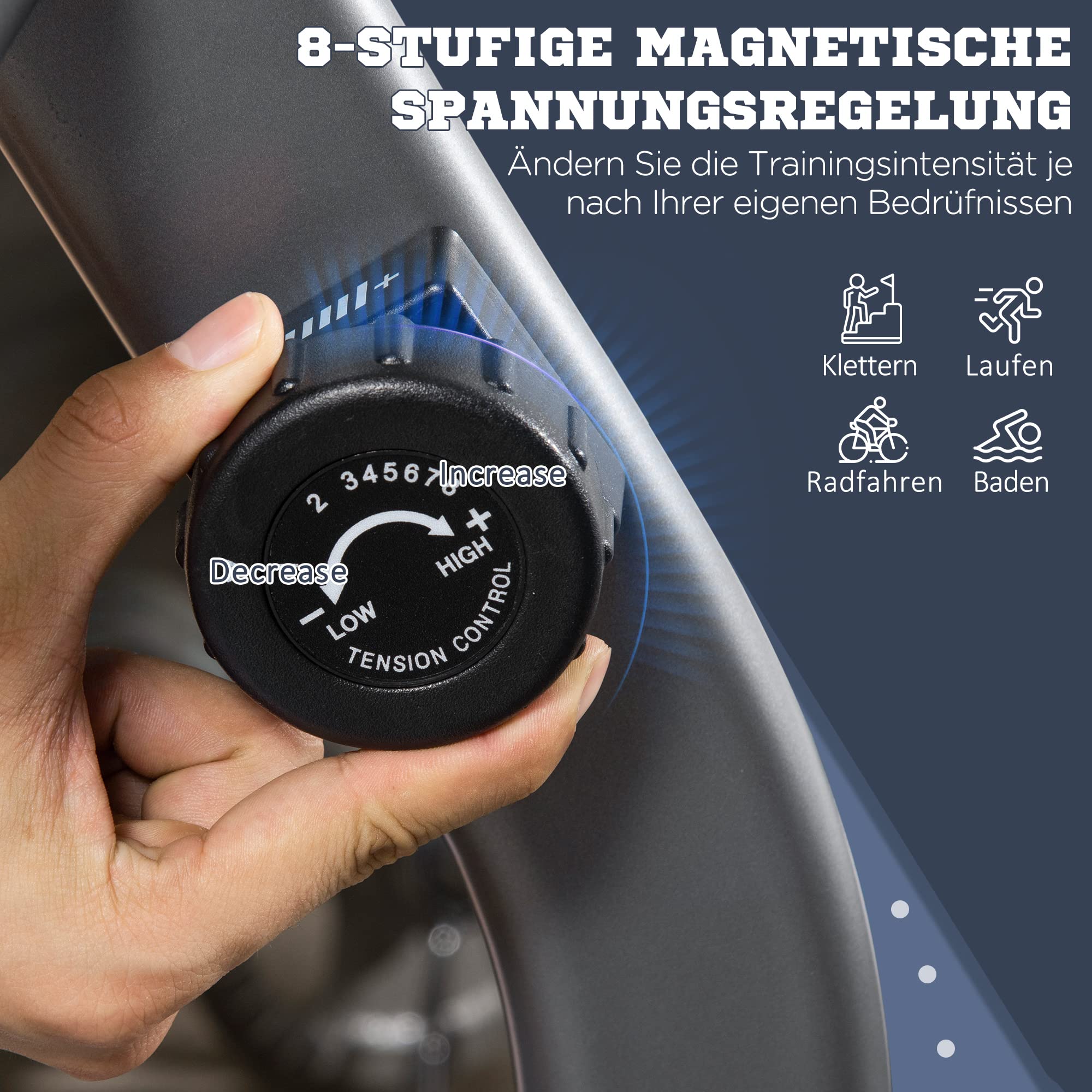 HOMCOM rower treningowy trenażer rowerowy koło zamachowe z 8-stopniową regulacją oporu magnetycznego regulowana długość opór magnetyczny koła metal ABS kolor szary + srebrny 136 x 62,5 x 38 cm