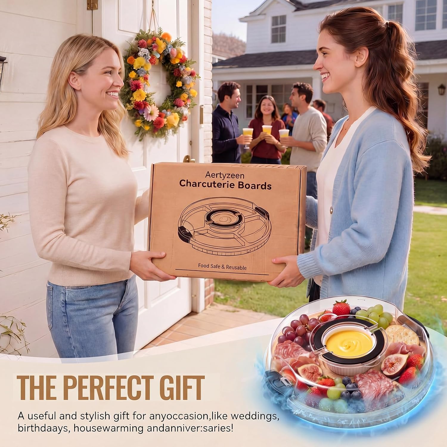 Charcuterie Board with Lid & Ice, 13.36 Inch Round Bamboo Cheese Board with Ice Box and Ceramic Bowl, Portable 5 Divided Snackle Tray for Picnic Pool Party Outdoor Serving Housewarming Gift New Home