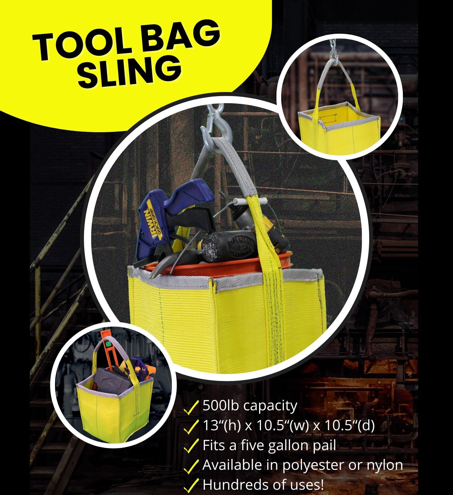 LIFTEX Tool Bag Sling, 200 lbs Capacity, Fits 5 Gallon Bucket, Polyester/Nylon (Nylon | 200 LBS Capacity)
