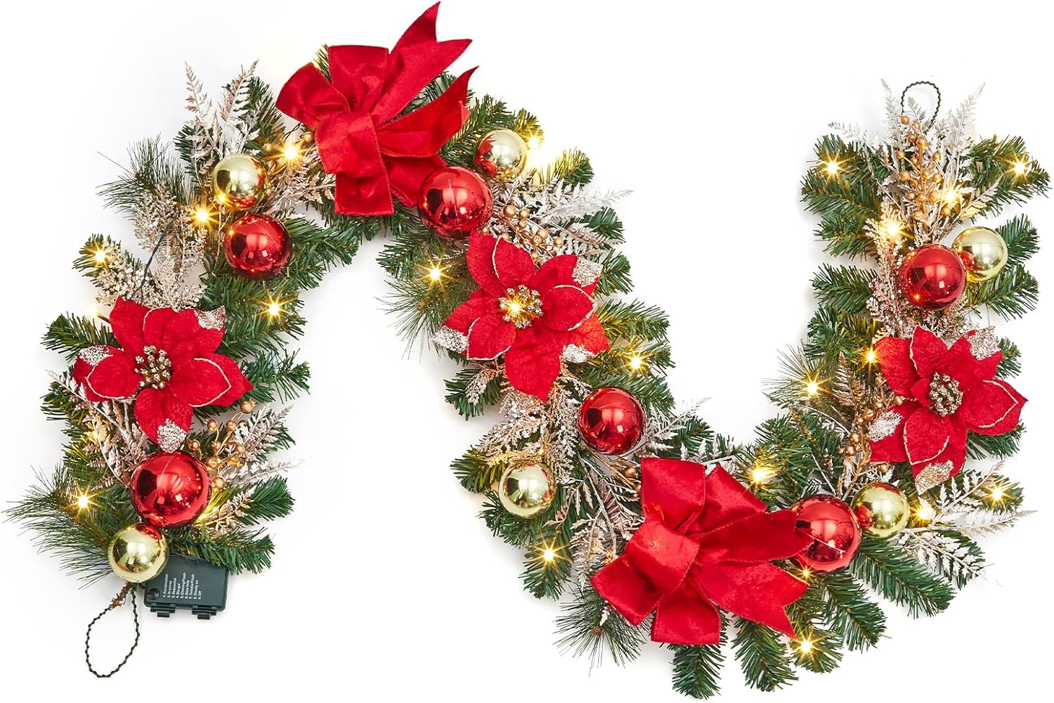 ( blue and silver color ) Christmas Garland with Lights, 6ft Prelit Christmas Garland for Mantle with Timer 20 LED Lights Ball Ornaments Velvet Bows, Xmas Garlands for Fireplace Stairs Railing Indoor Outdoor