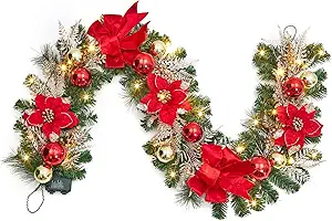 GarveeHome Christmas Garland with Lights for Mantle, 6ft Battery Operated Xmas Garland with 20 LED Lights Timer Red Gold Balls Velvet Ribbon for Fireplace Stair Railing Indoor Outdoor Holiday Decor