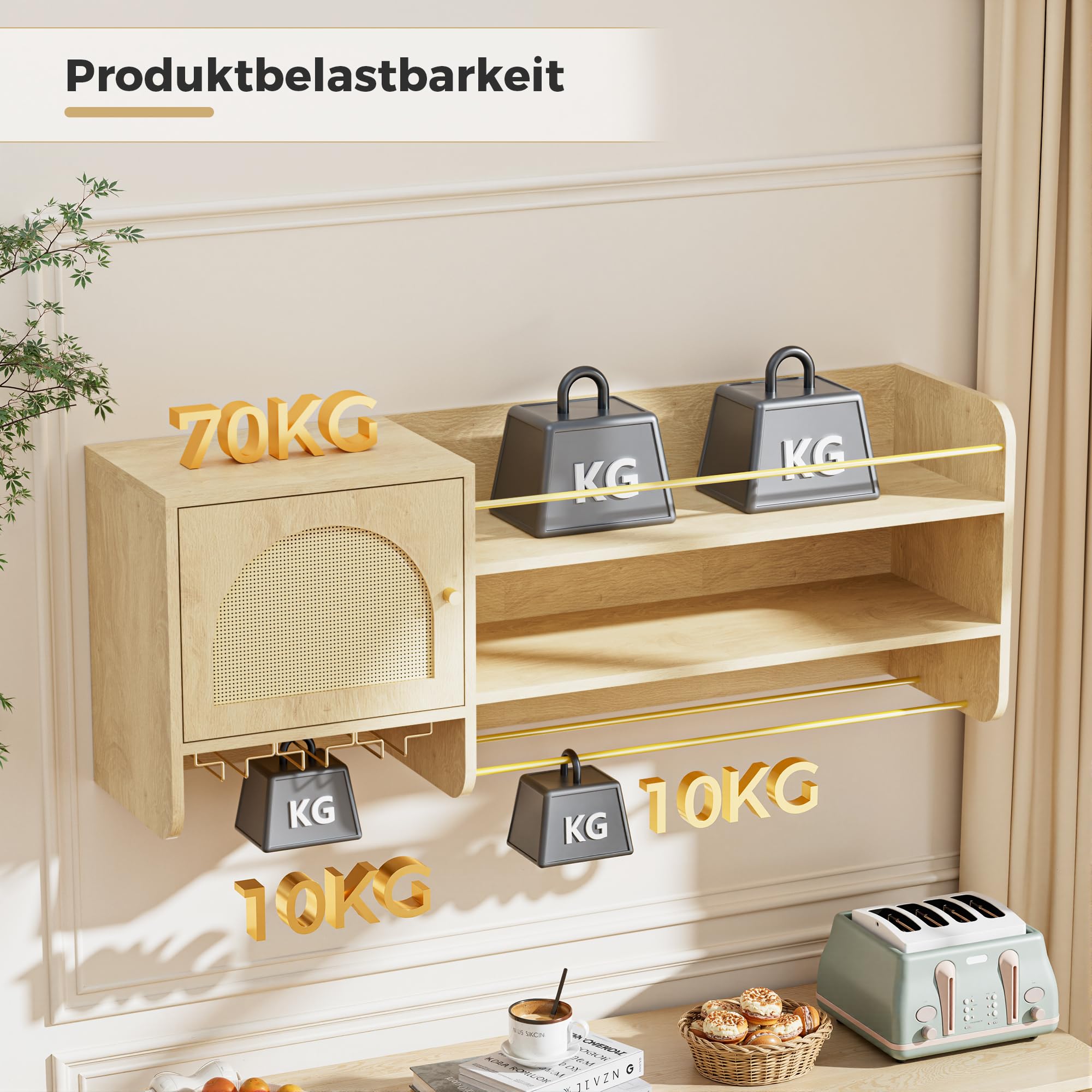BonVache Weinschrank, mit verstellbaren Weinregalen und Glasablagen, Getränkelagerung, Küchen-Weinregal, geeignet für Esszimmer und Wohnzimmer, in Naturholzoptik