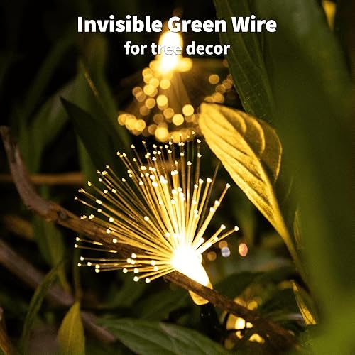 Miniatura 4 de Guirnalda de luces de fibra óptica, funciona con pilas, 33 pies, 60 luces LED de fuegos artificiales con temporizador, alambre verde, luces para