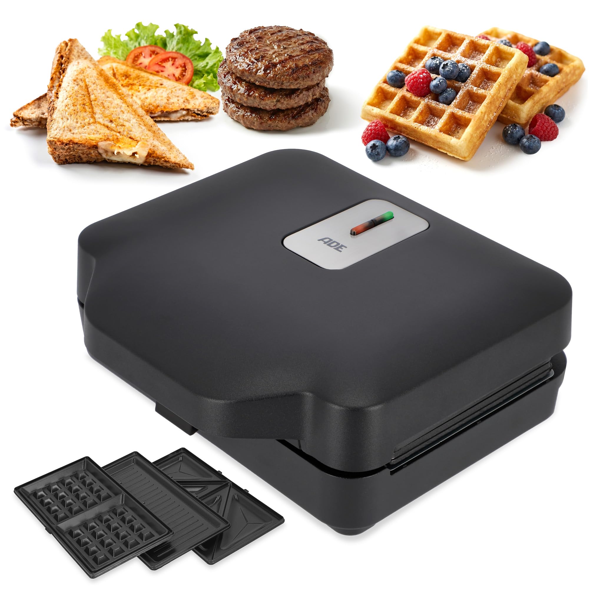 ADE 3-in-1 Sandwichmaker | Sandwichtoaster & Panini-Maker | 800W | Antihaft | Waffeleisen & Kontaktgrill mit 3 Wechselplatten | belgische Waffeln & goldbraune Toasts fürs Sonntagsfrühstück
