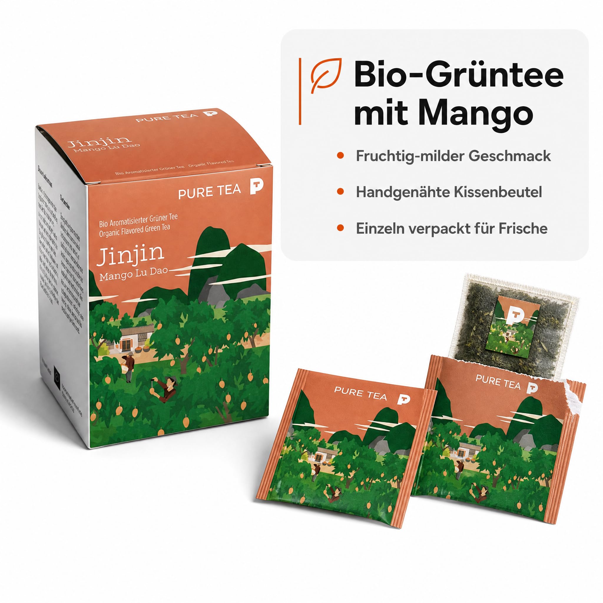 6 x PURE TEA Jinjin Grüner Tee Mango Lu Dao, aromatisierter Premium Grüntee in flachen Kissenbeuteln, je 15 x 3 g, einzeln verpackt, Dispenserbox 12 x 9 x 9 cm, glutenfrei