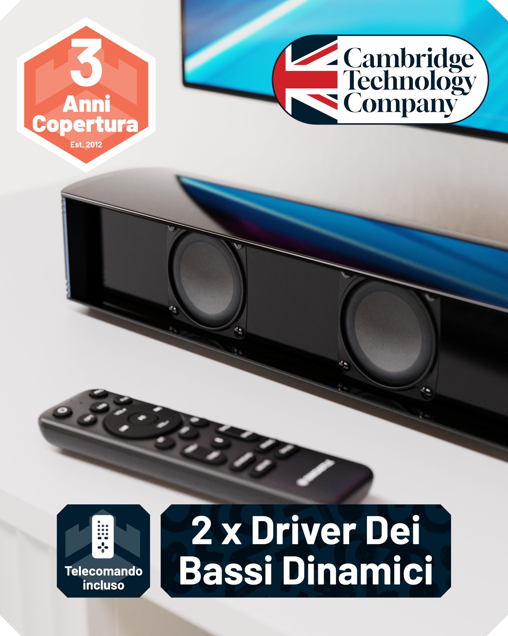Oakcastle Soundbar Home Theater a 2 Vie Style | 120W Casse Altoparlanti 2.2 Cannali TV Surround Audio Monitor | Bluetooth, HDMI, RCA, AUX, Cavo Ottico Con Telecomando SB80