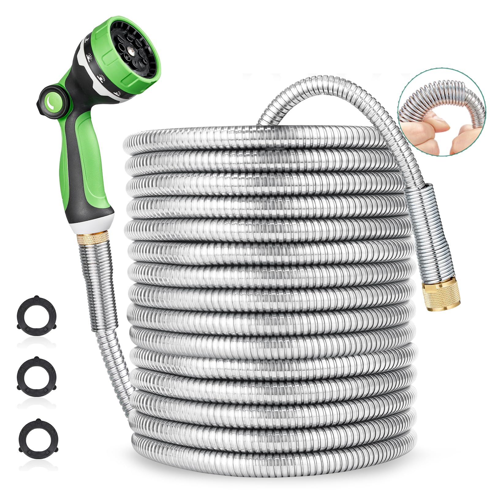 HOMEIDEAS 100 ft Leak-proof Stainless Steel Metal Garden Hose Set - Newly Premium SUS304 Spring Protective Sleeve, Anticorrosive 3/4