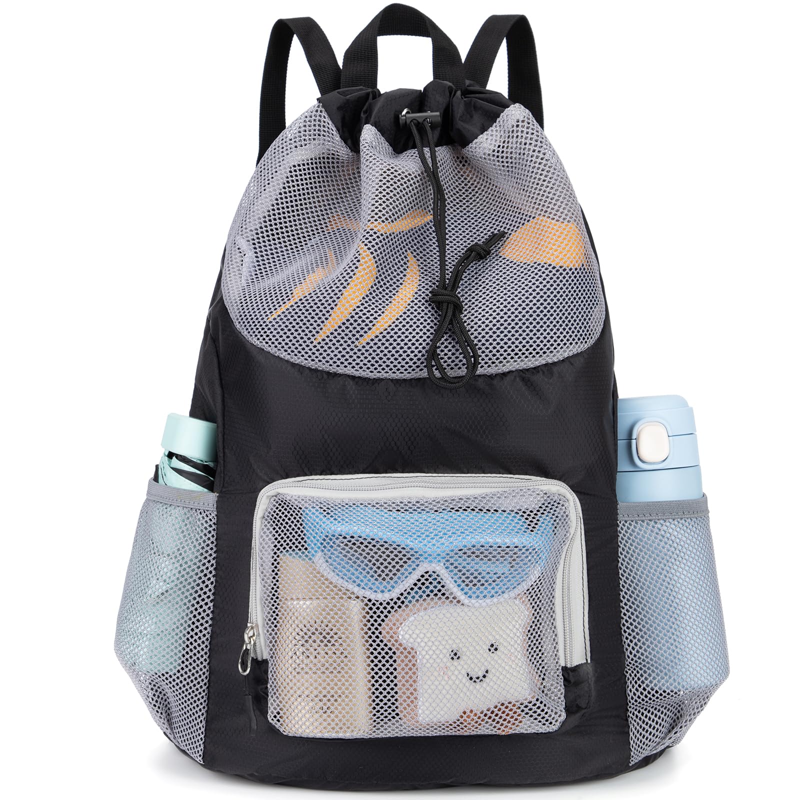 Veious Swim Bag for Kids Drawstring Backpack for Boys Lightweight Mesh Beach Backpack Swimming Pool Sports Gym String Bag Black
