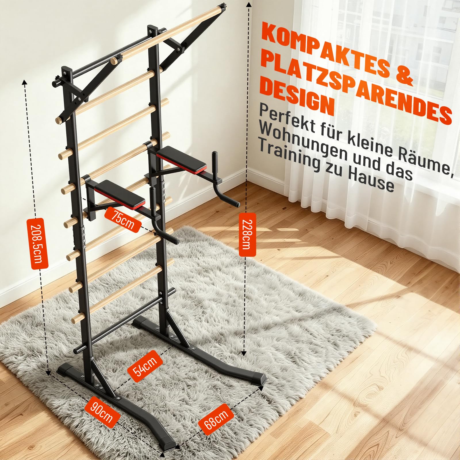 Power Tower Dip Station mit Klimmzugstange, Freistehende Sprossenwand, 150kg Tragkraft, ohne Wandmontage, Kraftstation für Zuhause und Krafttraining, 228cm