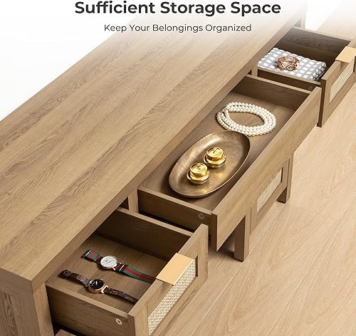 Miniatura 4 de SICOTAS Tocador de Ratán para Oficina en Casa - 52" Tocador Grande Estilo Granja Bohemio Mesa de Maquillaje con 3 Cajones y 2 Gabinetes