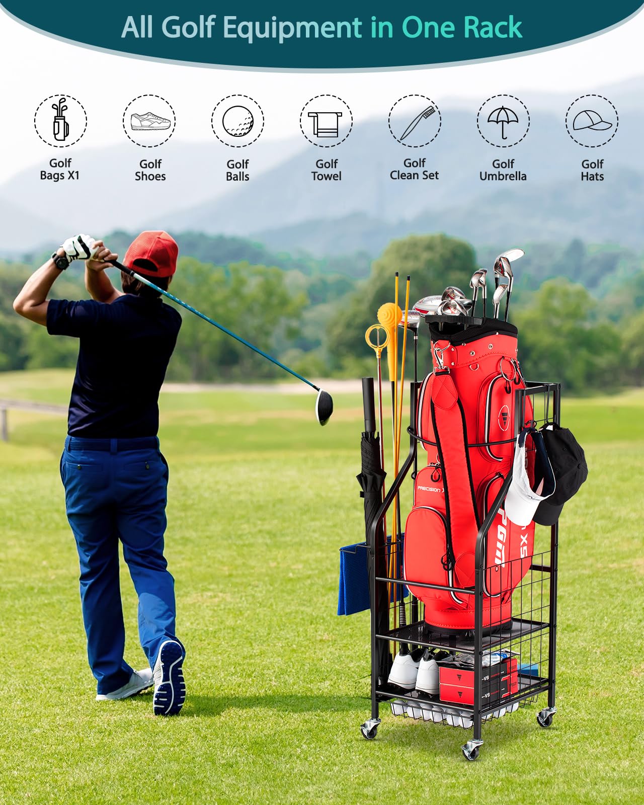 EXTCCT Organizer per sacche da golf, supporto per sacche da golf e mazze da golf, palline da golf, accessori per attrezzature da golf, rack extra large per garage