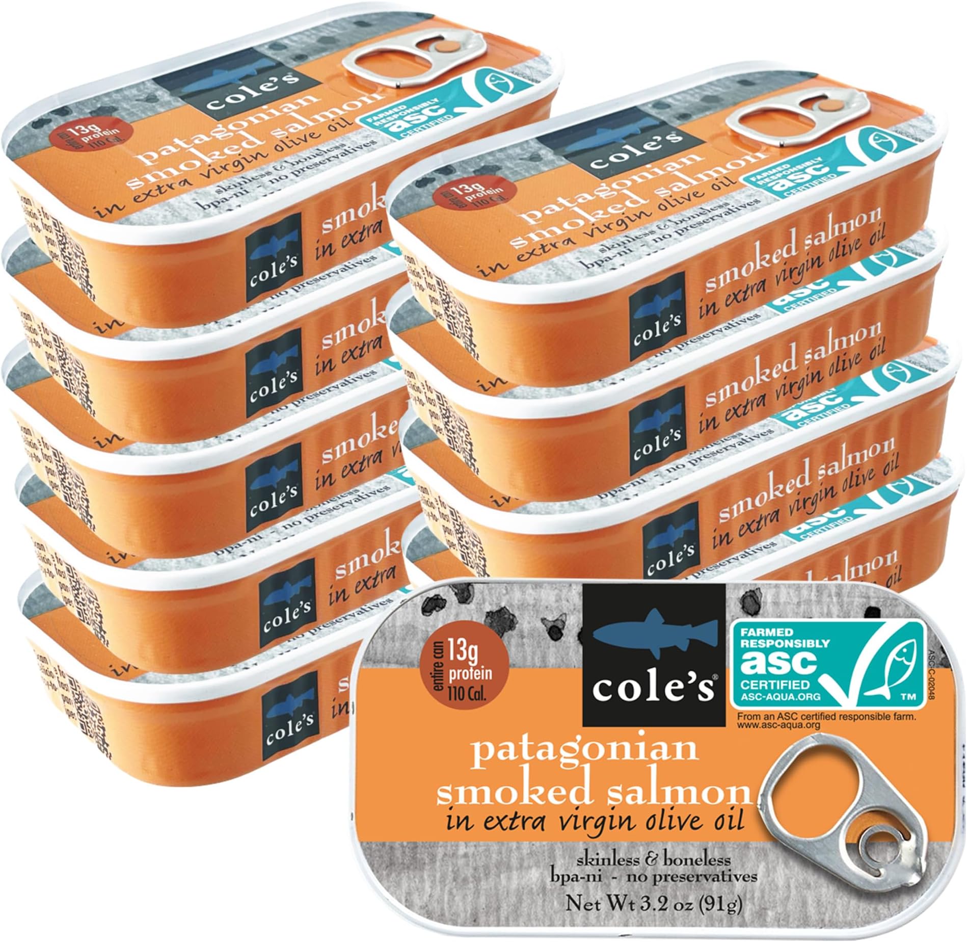 COLE'S SEAFOOD - Hand Packed Smoked Salmon in Extra Virgin Olive Oil, Preservative Free Seafood, Canned Fish, High in Protein, 3.2 oz Can | Pack of 10