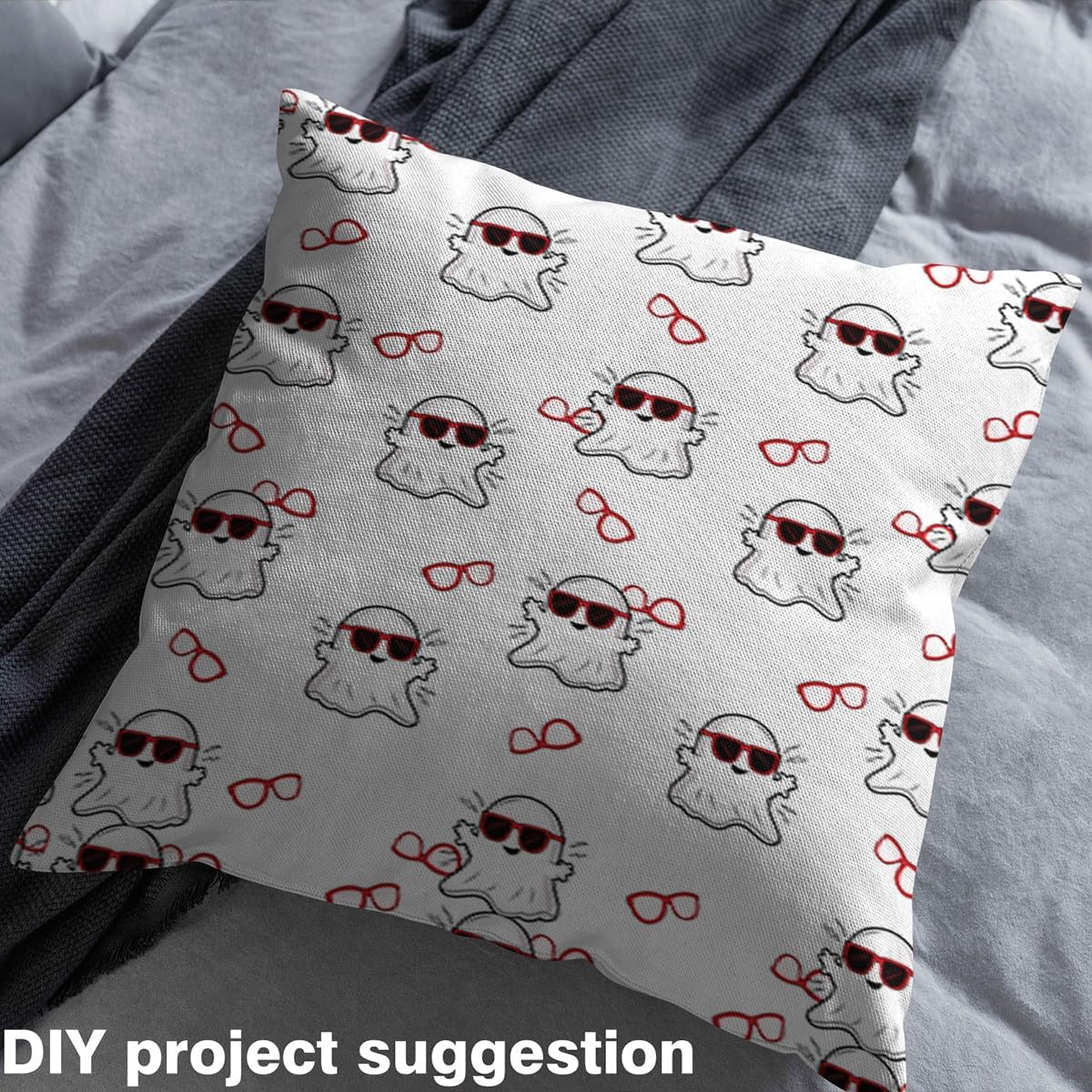 jejeloiu Kids Cute Ghost Fabric by The Yard 3 Yards Cool Glasses Ghost Decorative Waterproof Outdoor Fabric Cartoon Kawaii Upholstery Fabric for Chairs Halloween Themed DIY Reupholstery Fabric