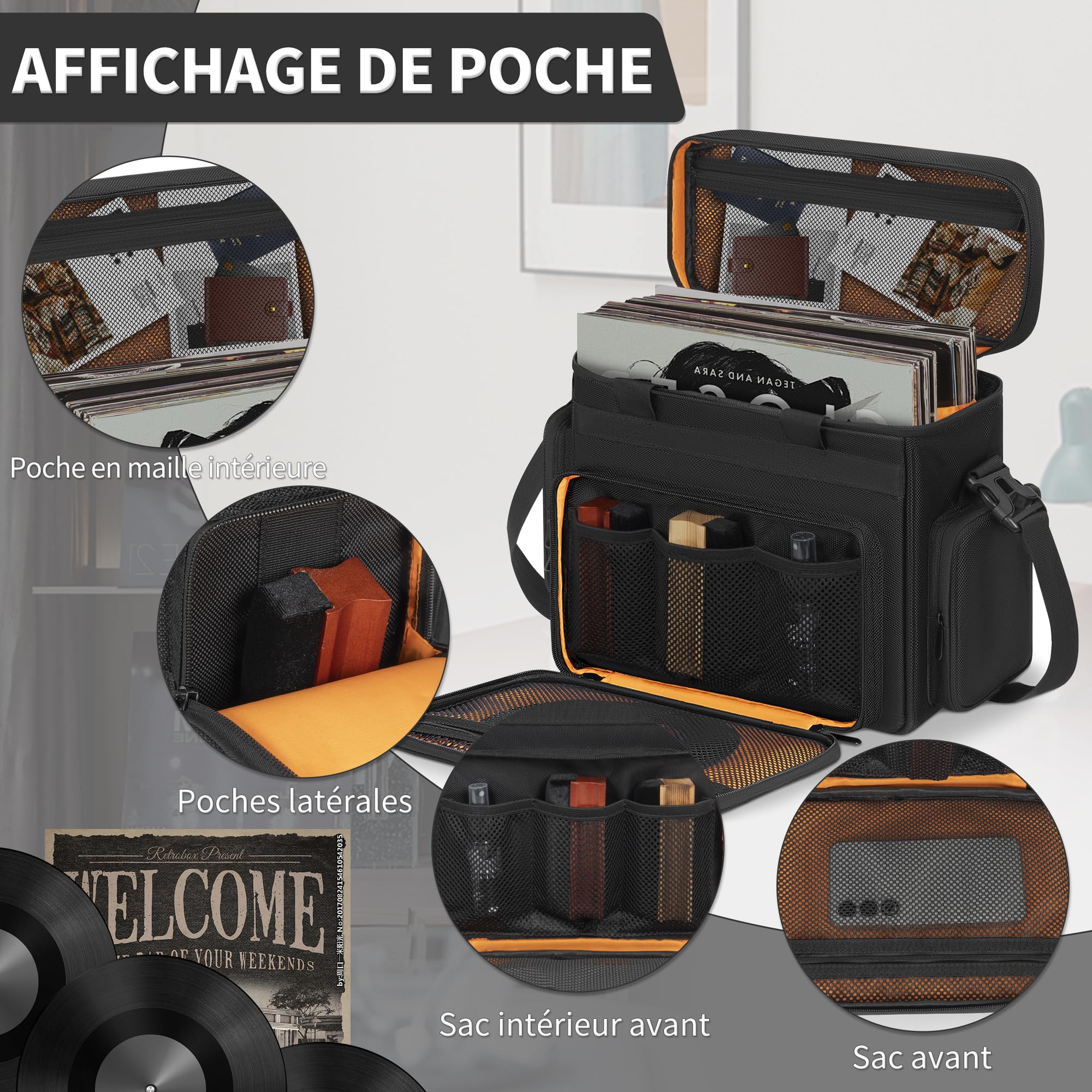 OUUTMEE Sac de Transport pour Disques Vinyles avec 1 Séparateur Amovibles, Sac pour Disques Vinyles Imperméable de 7/10/12 Pouces Pouvant Compatible avec 30 LP pour Voyage et Collection (Petit)