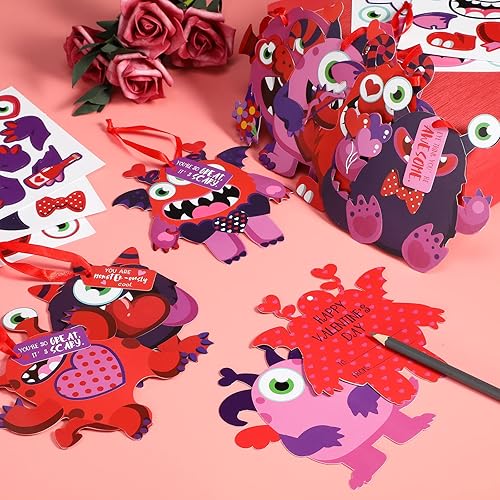 Miniatura 5 de Juego de 40 tarjetas de San Valentín para niños tarjetas de San Valentín de monstruo para niños regalos únicos de San Valentín para niños y niñas