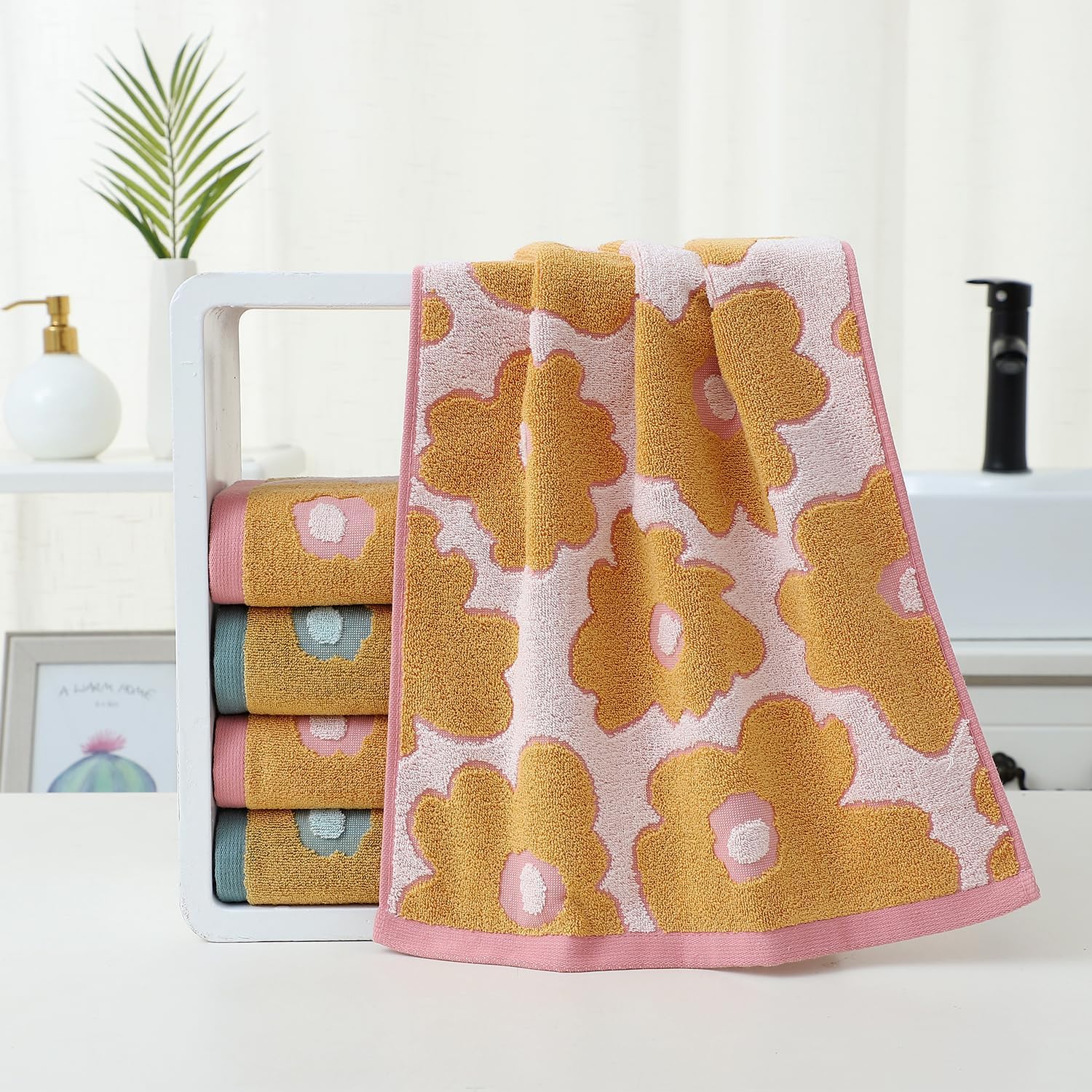 Pidada Hand Towels Set of 4 Floral Pattern 100% Cotton Absorbent Soft Decorative Towel for Bathroom (Aqua Blue & Pink) - Image 6