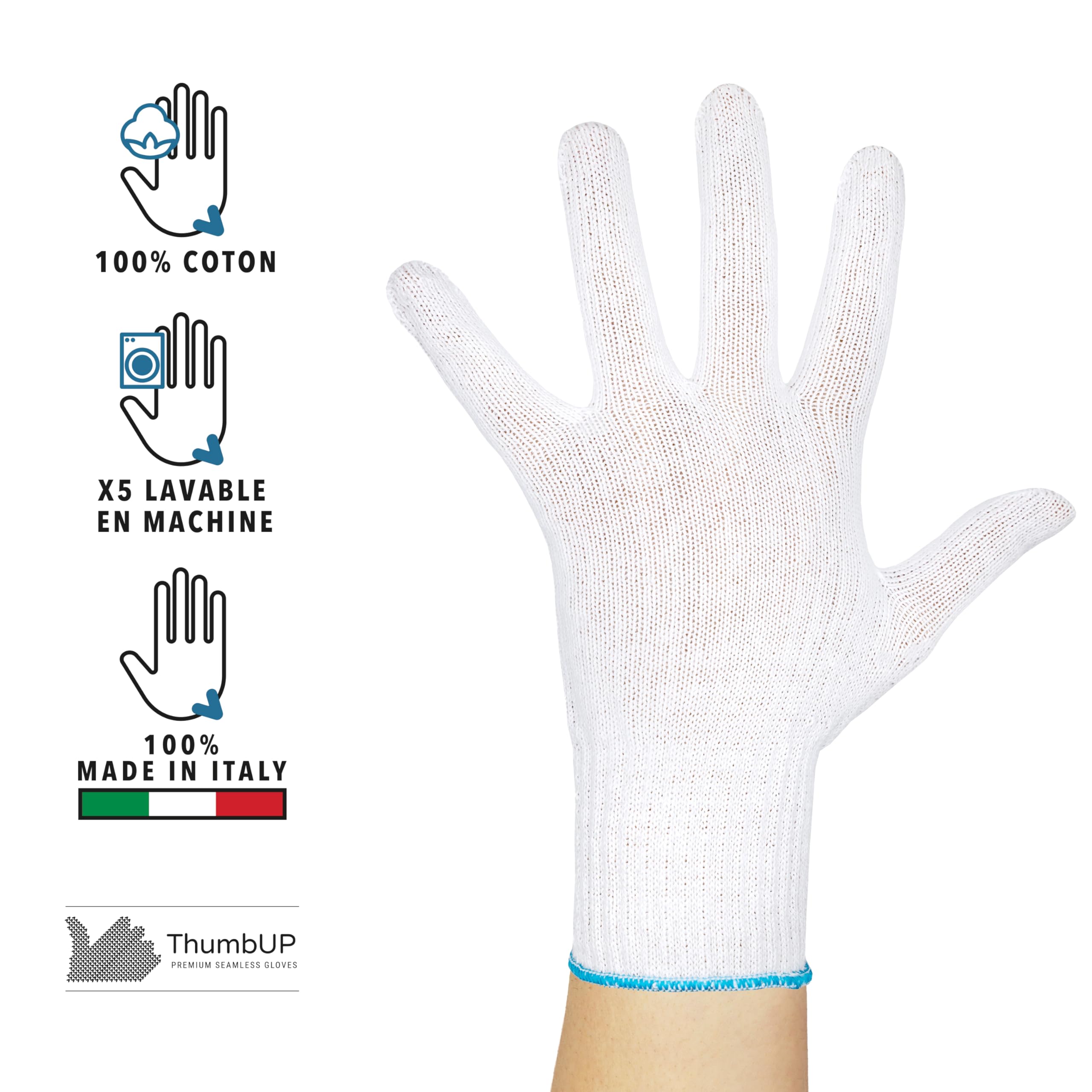 ThumbUP - Supersoft - 12 paires de Gants de travail, 100% coton doux, durables, sans couture, gants dermatologiques, pour peau sensible, poignets élastiques, lavables, Candid White, taille L