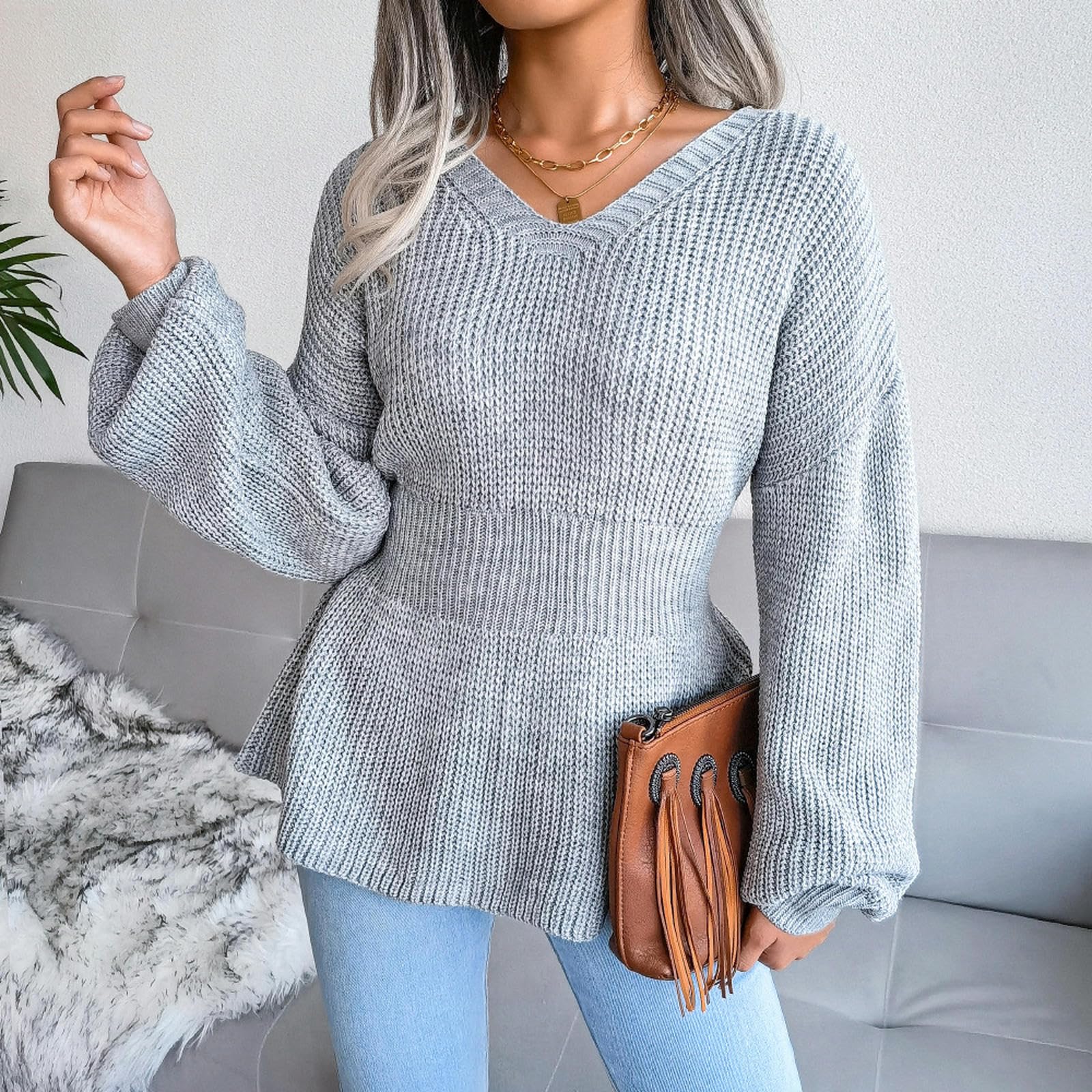 Maglione Donna Gialli A Maniche Lunghe per Maglioni Lunghe da Donna Pullover Inverno Pullover Morbido A V-Collo Maglioni A V-Collo Inverno Inverno-Cachi-s